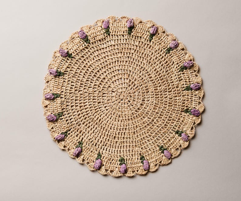Tulip Floral Placemat – Hand-Crocheted Raffia – Spring Table Decor – Easter Table Setting – Handmade by Artisans in Madagascar