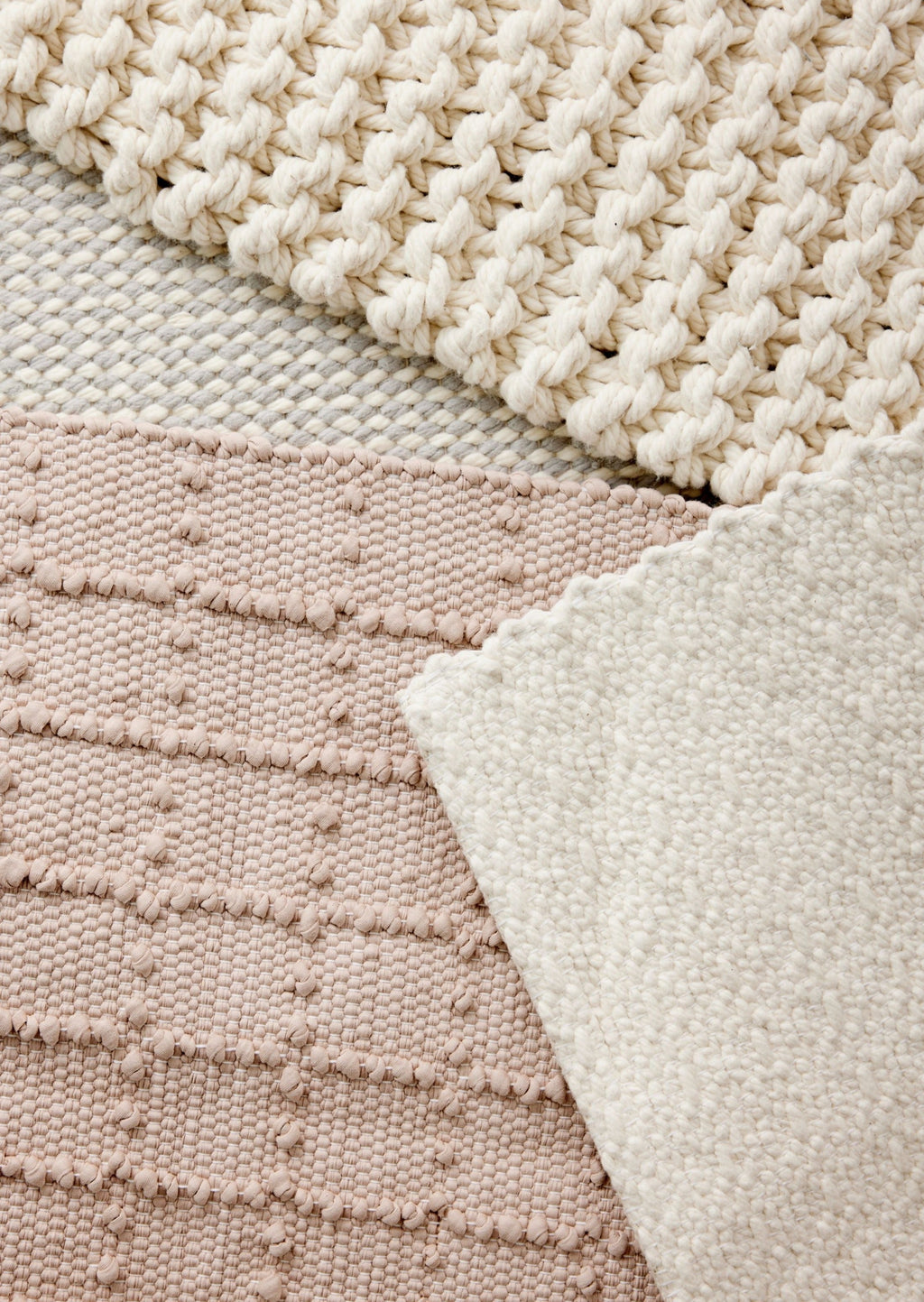 Blush Pink Plaid Hand-Loomed Cotton Bobble Mat