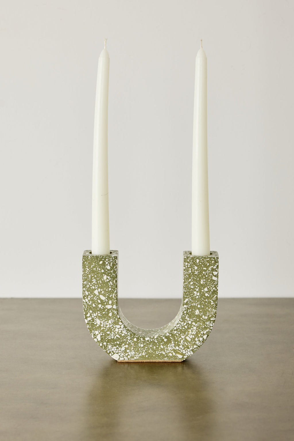U-shaped Olive Terrazzo Taper Candle Holder