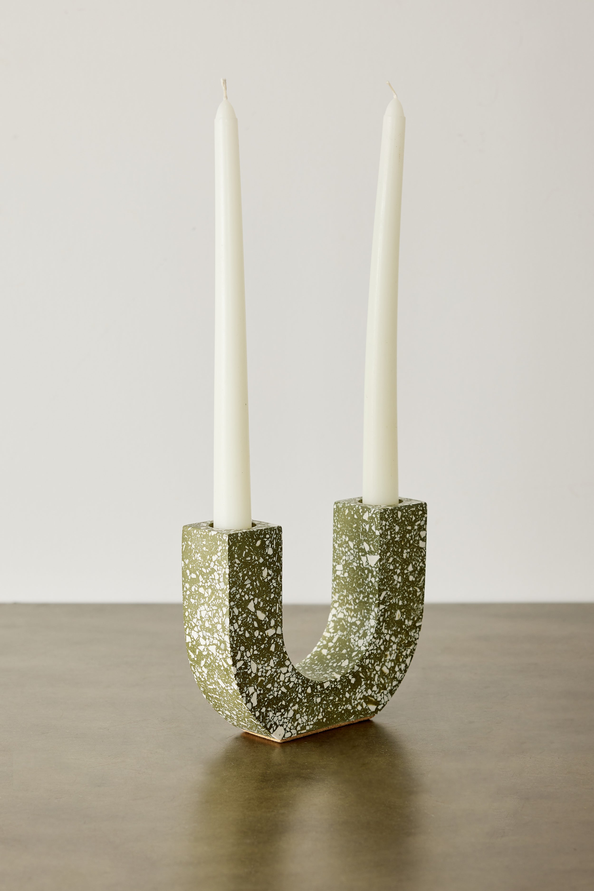 U-shaped Olive Terrazzo Taper Candle Holder