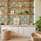 King Protea Wallpaper, light blue and apricot