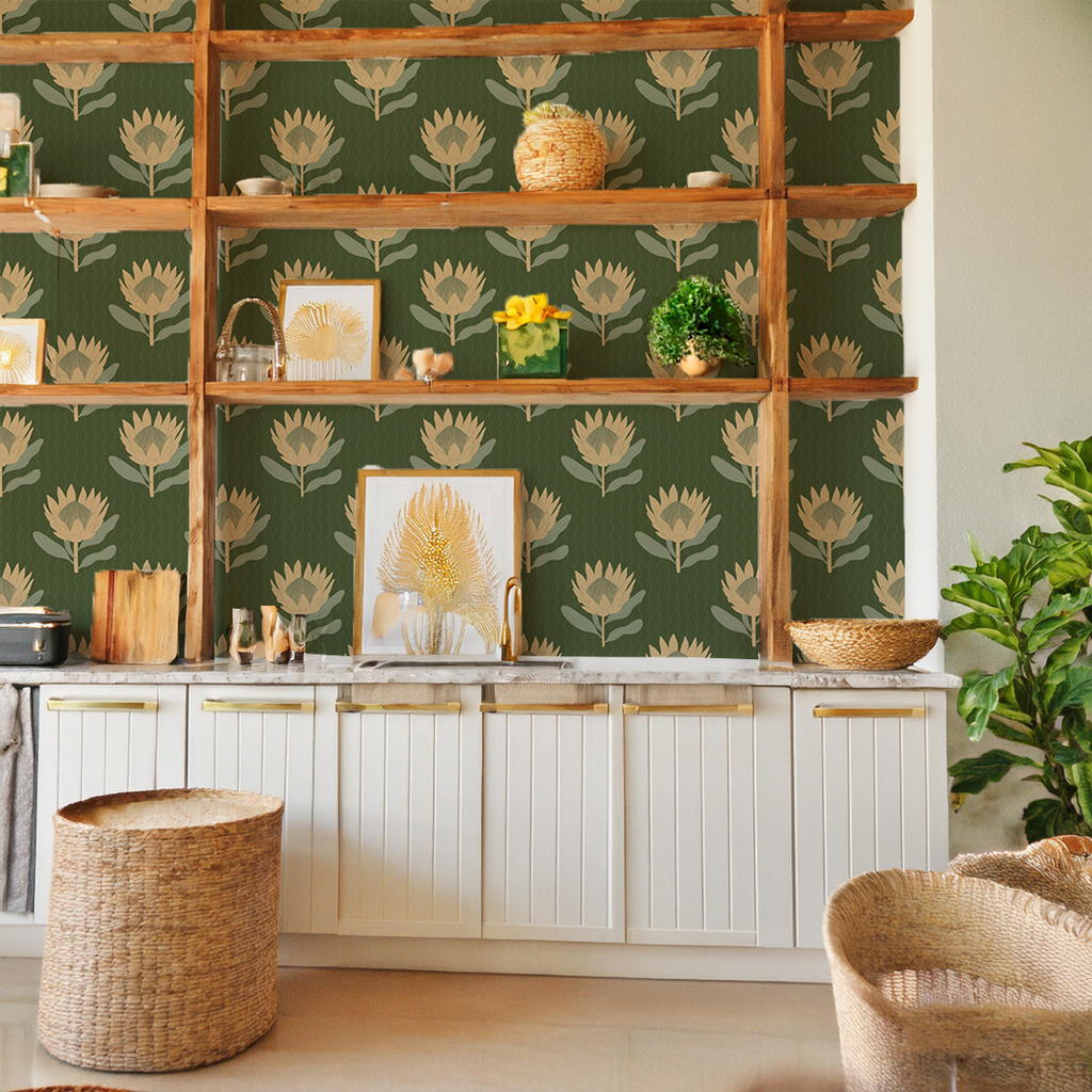 King Protea Wallpaper, forest green and butter yellow