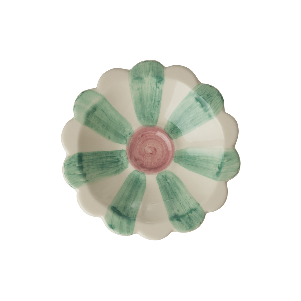 Ceramic Flower Dipping Bowl with Soft Green Hand Painted Stripes