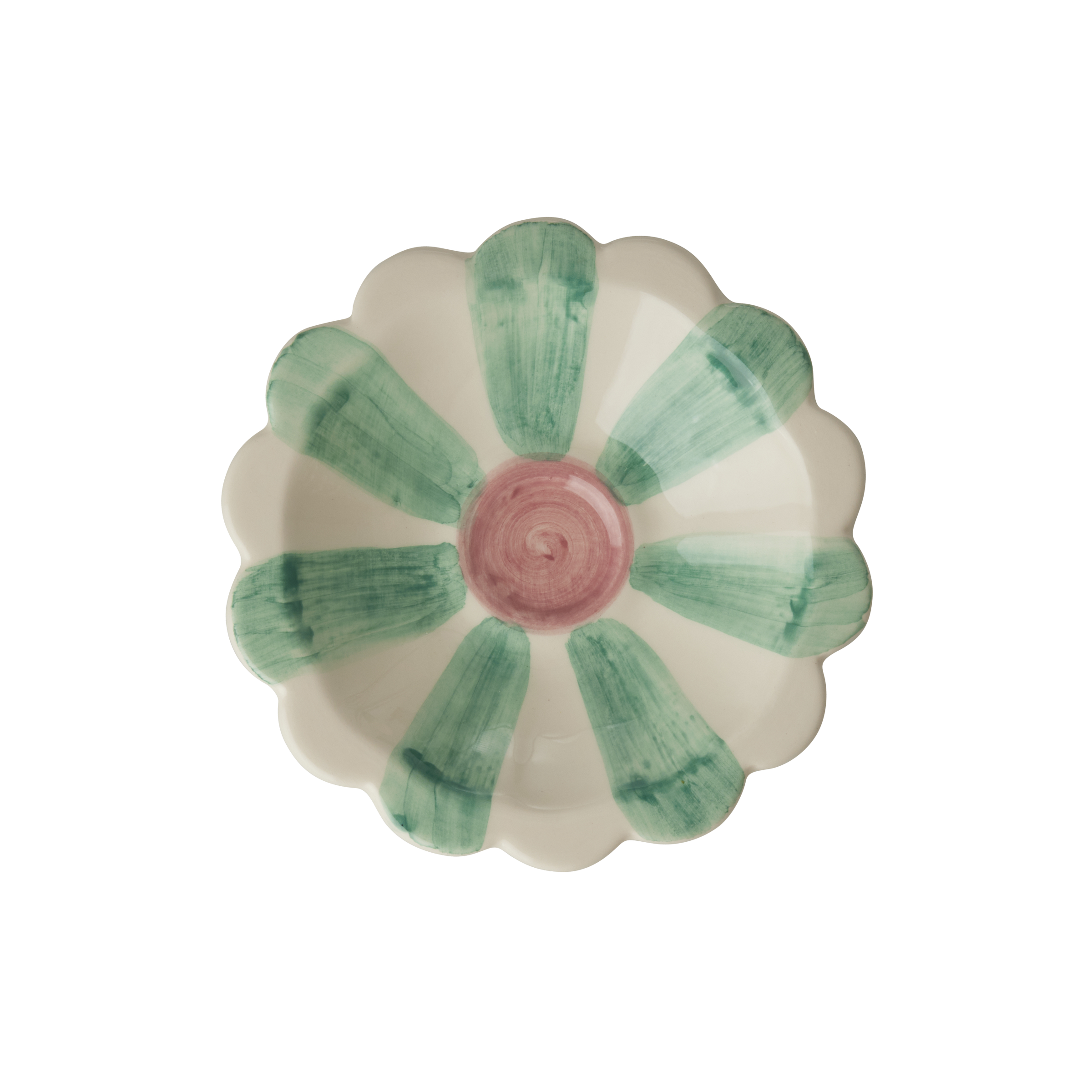 Ceramic Flower Dipping Bowl with Soft Green Hand Painted Stripes