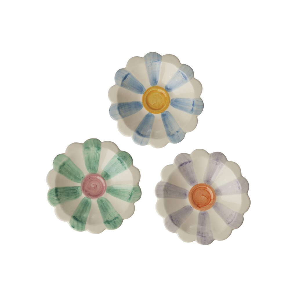 Ceramic Flower Dipping Bowl with Soft Green Hand Painted Stripes