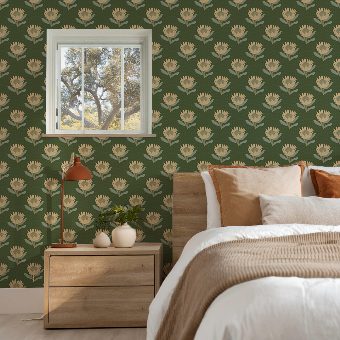 King Protea Wallpaper, forest green and butter yellow