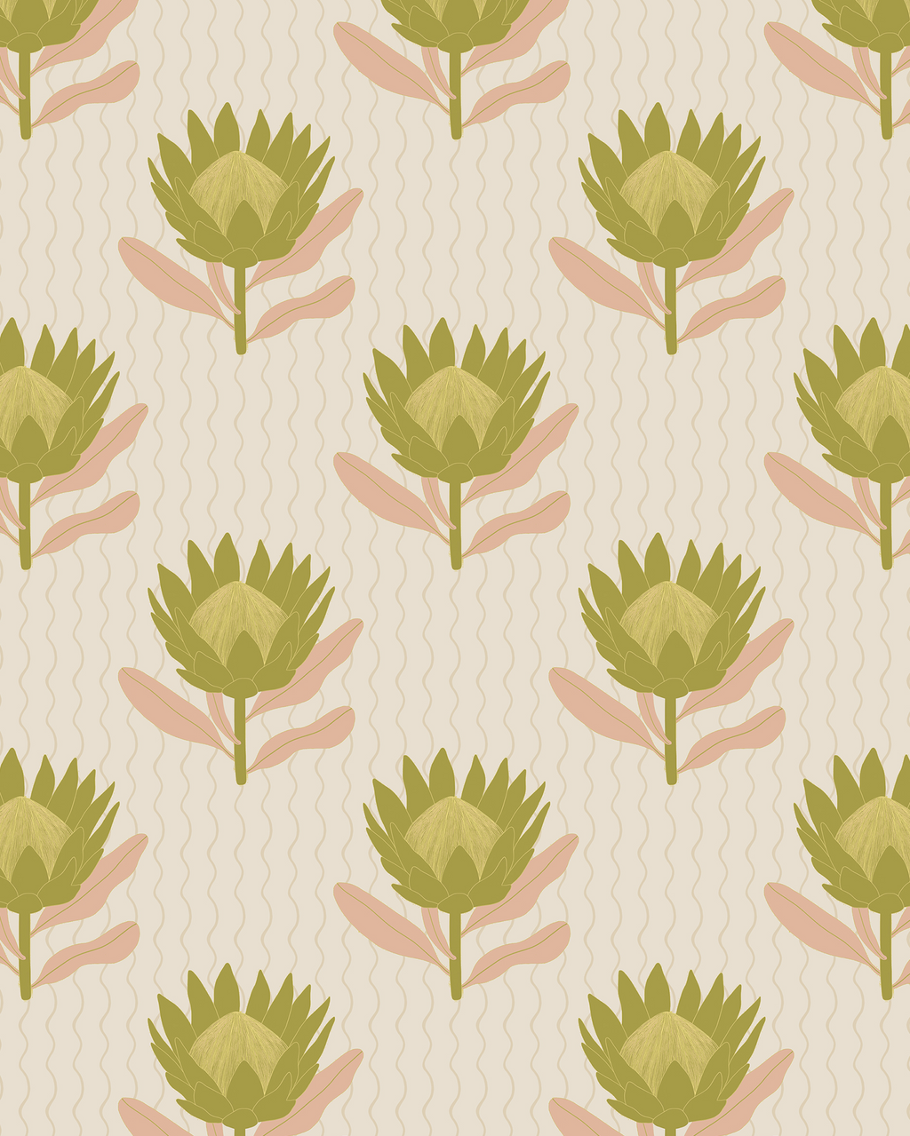 King Protea Wallpaper, tan and olive