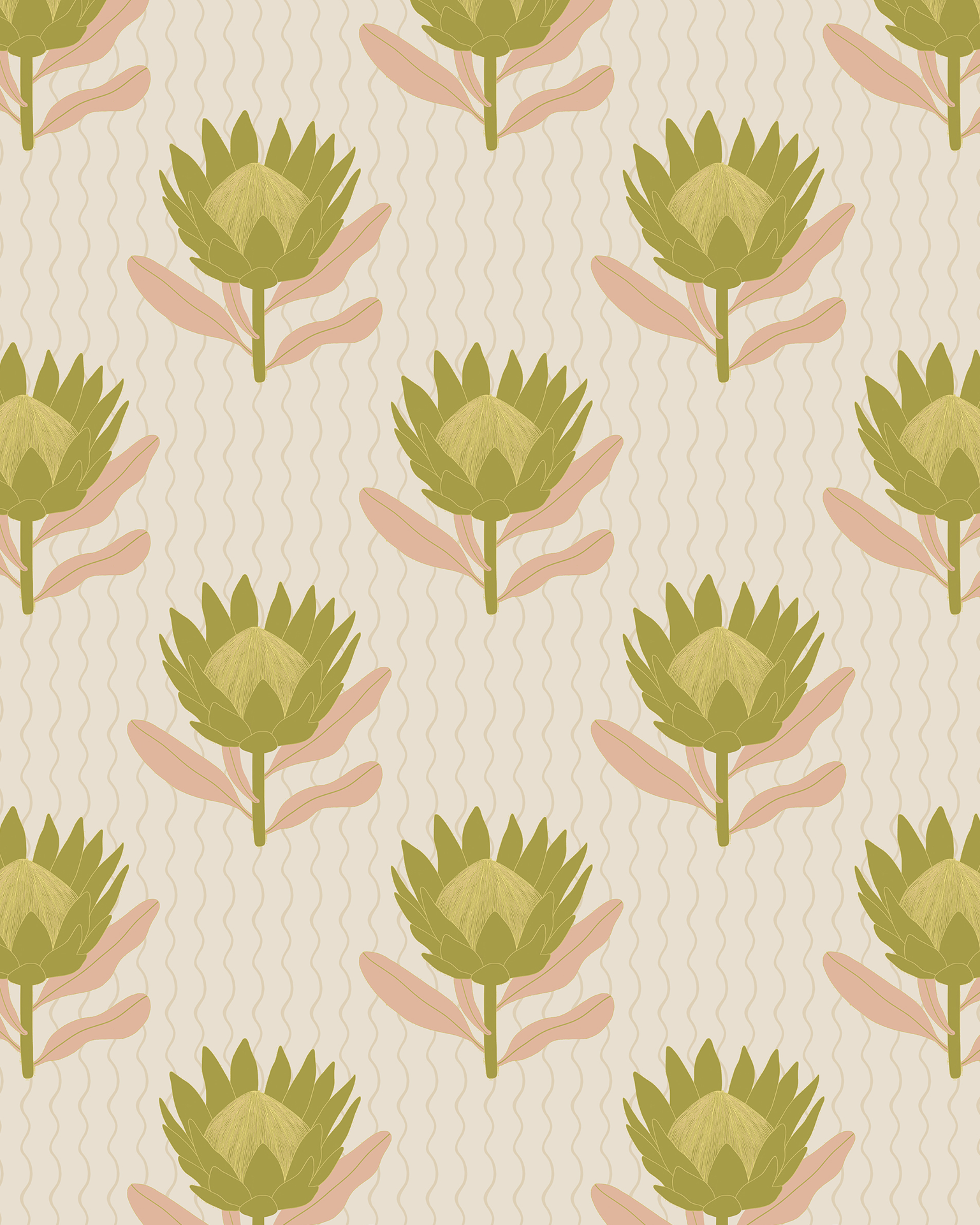King Protea Wallpaper, tan and olive