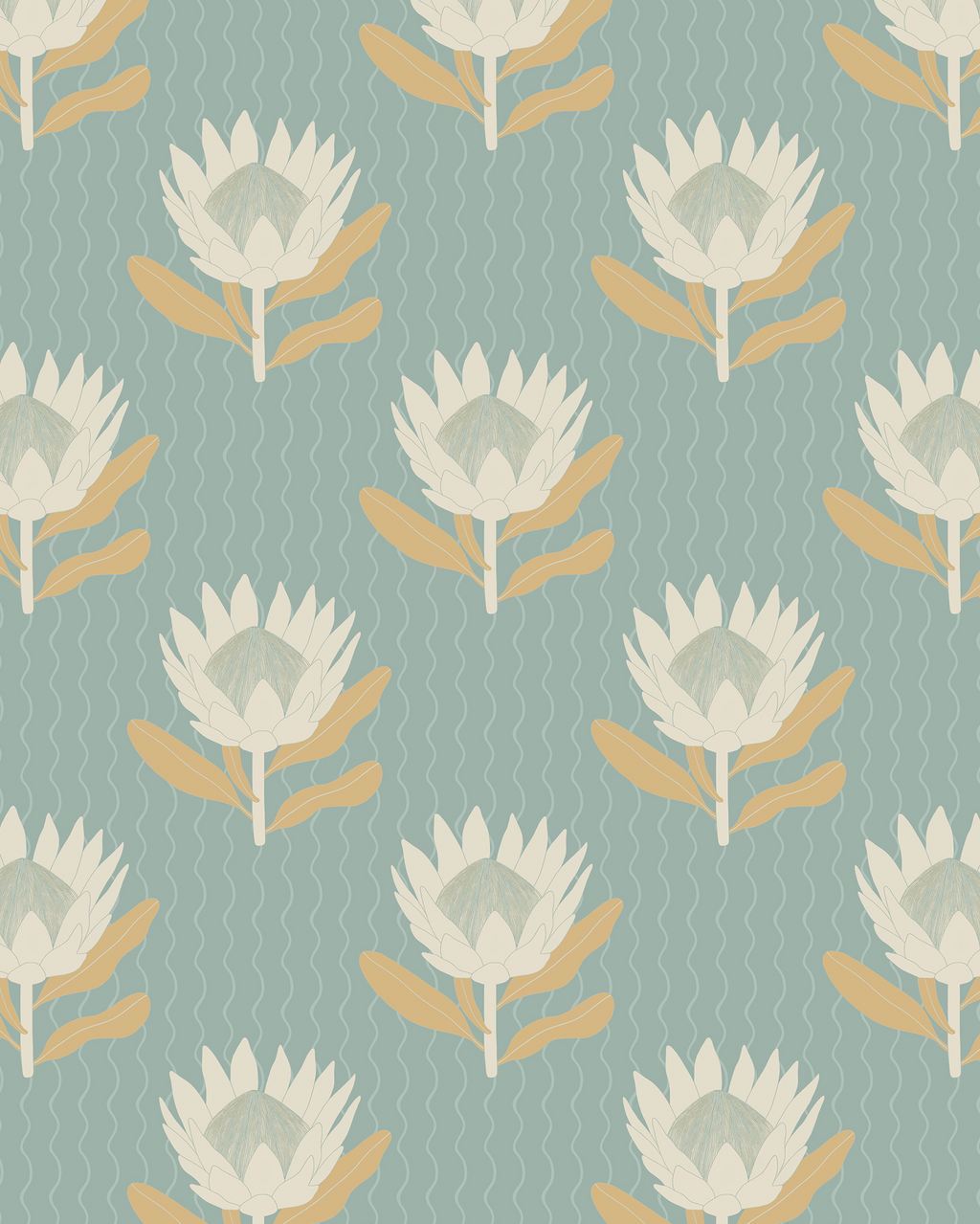 King Protea Wallpaper, light blue and apricot