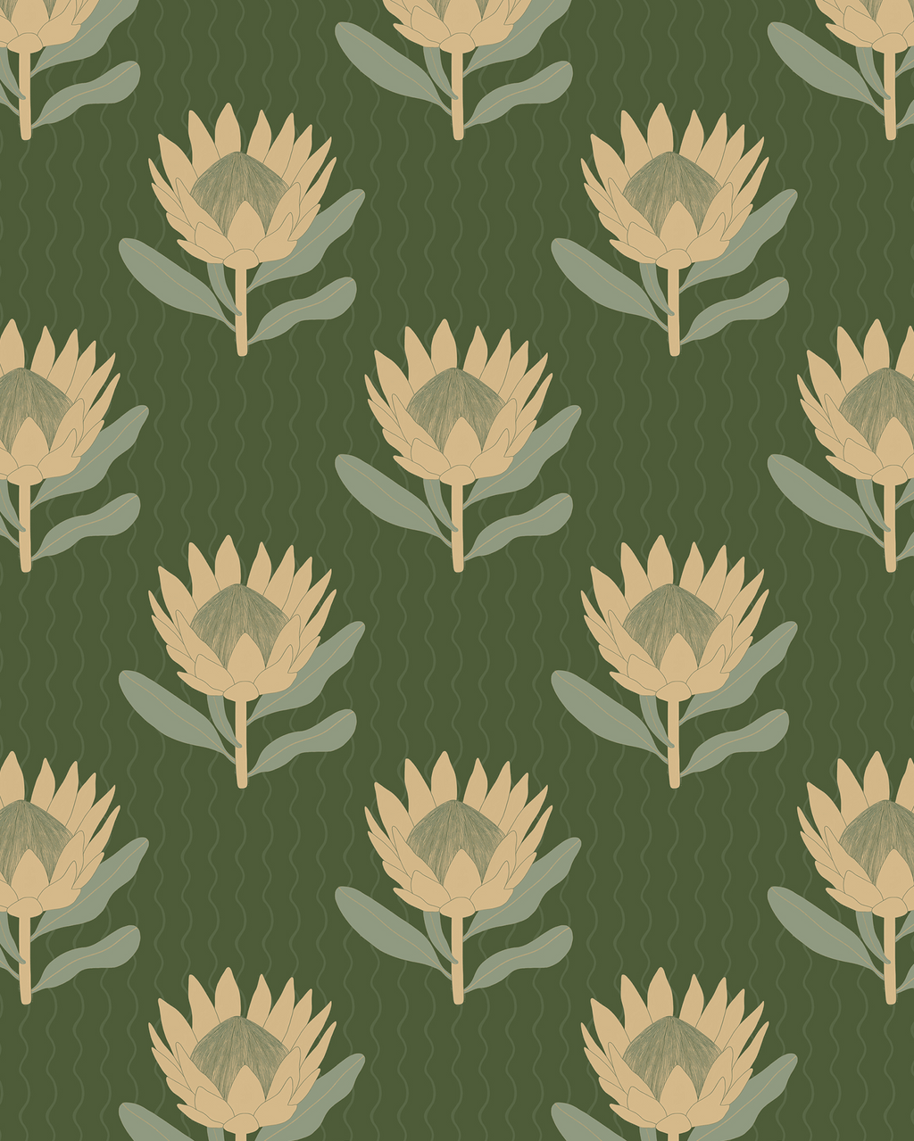 King Protea Wallpaper, forest green and butter yellow