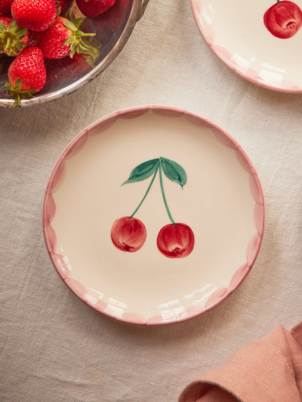 Ceramic Cake Plate with Hand Painted Cherries