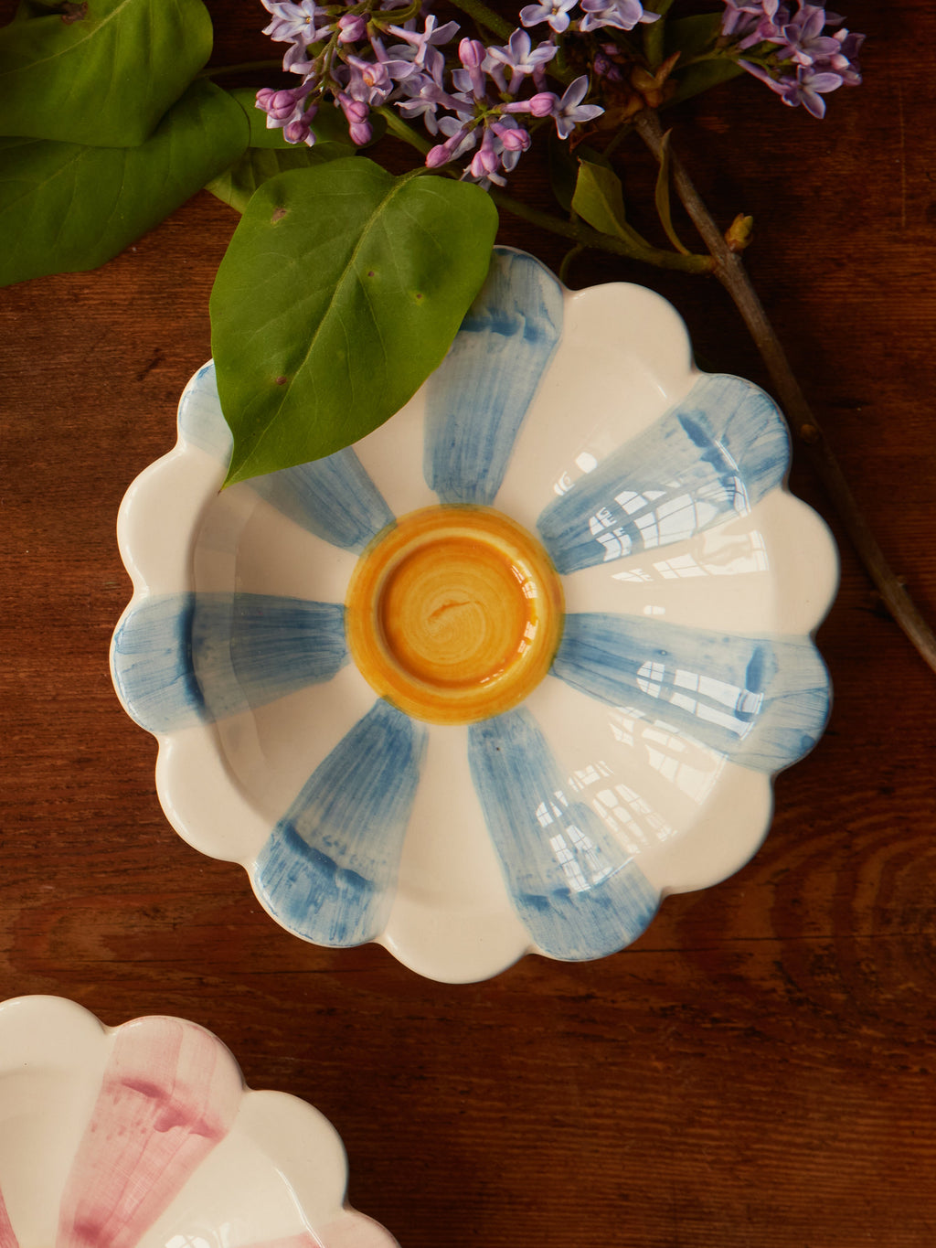 Ceramic Flower Dipping Bowl with Blue Hand Painted Stripes