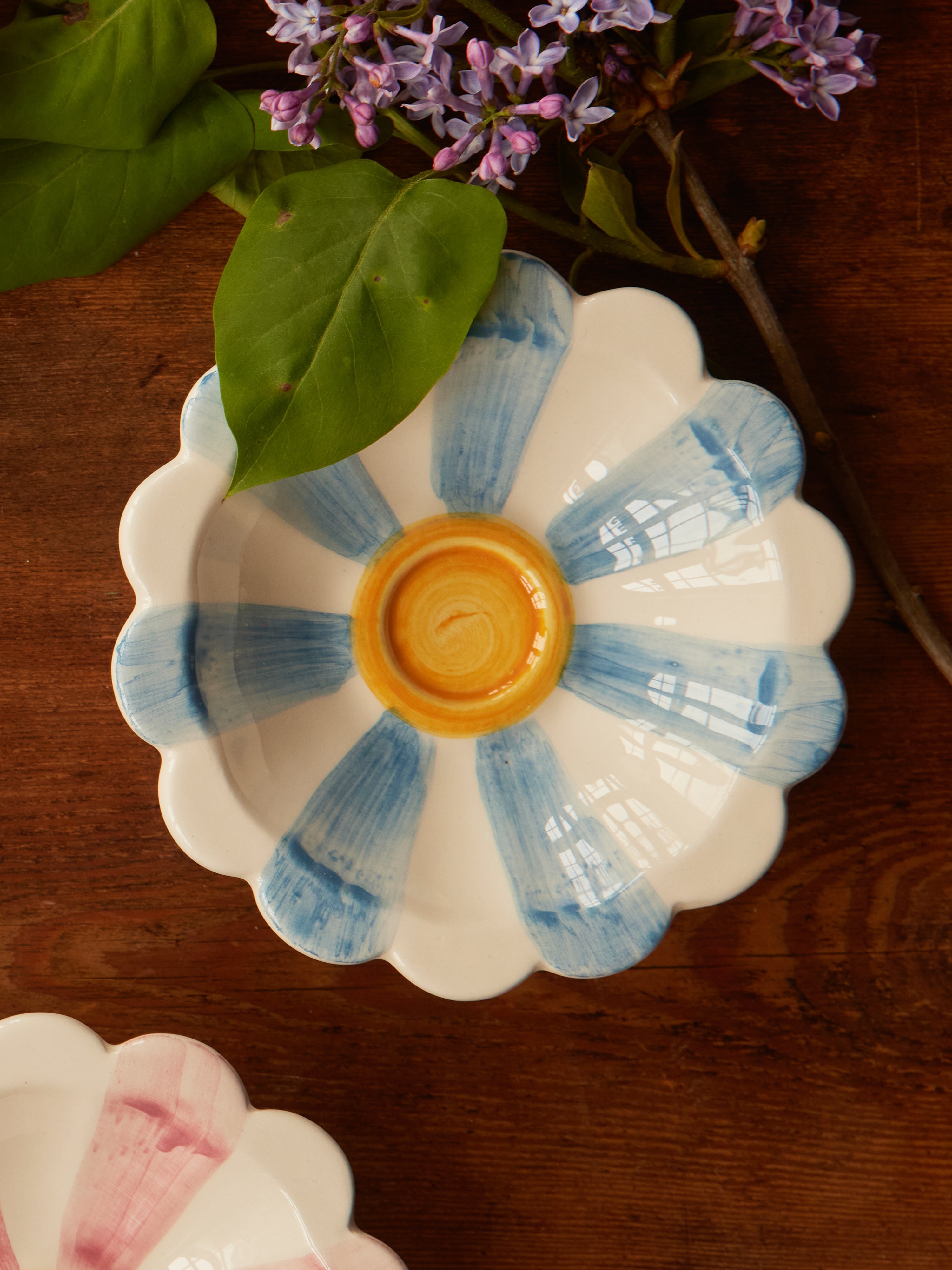 Ceramic Flower Dipping Bowl with Blue Hand Painted Stripes
