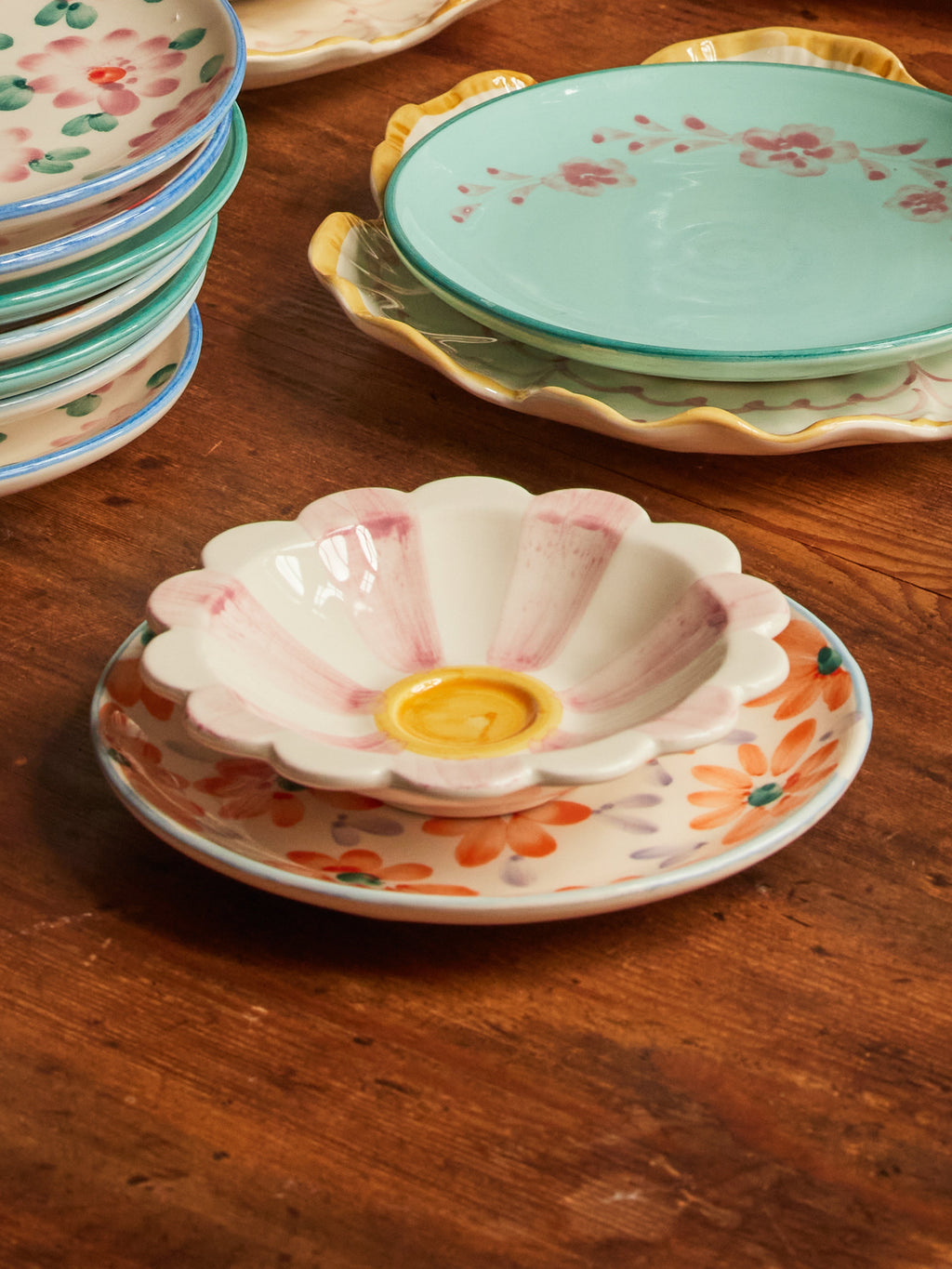 Ceramic Flower Dipping Bowl with Pink Hand Painted Stripes