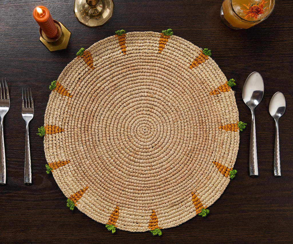 Handwoven Carrot Round Raffia Placemat – Artisan Table Décor