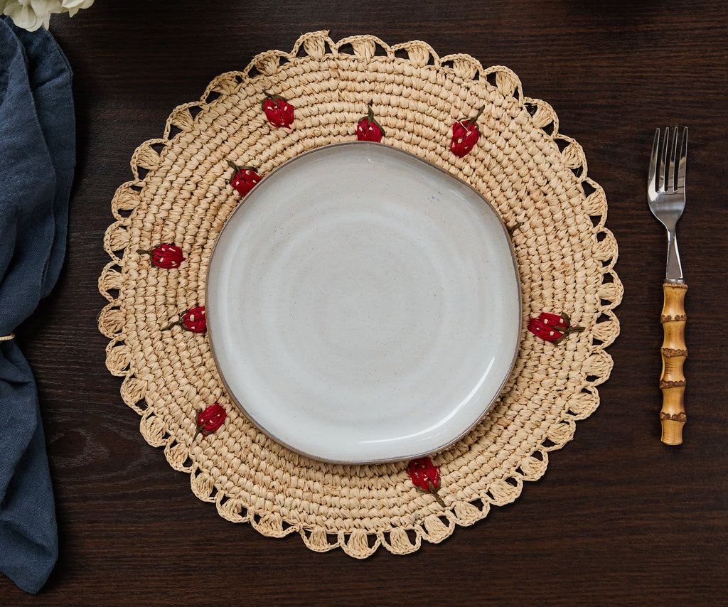 Scattered Strawberry Hand-Crocheted Raffia Palm Round Placemat