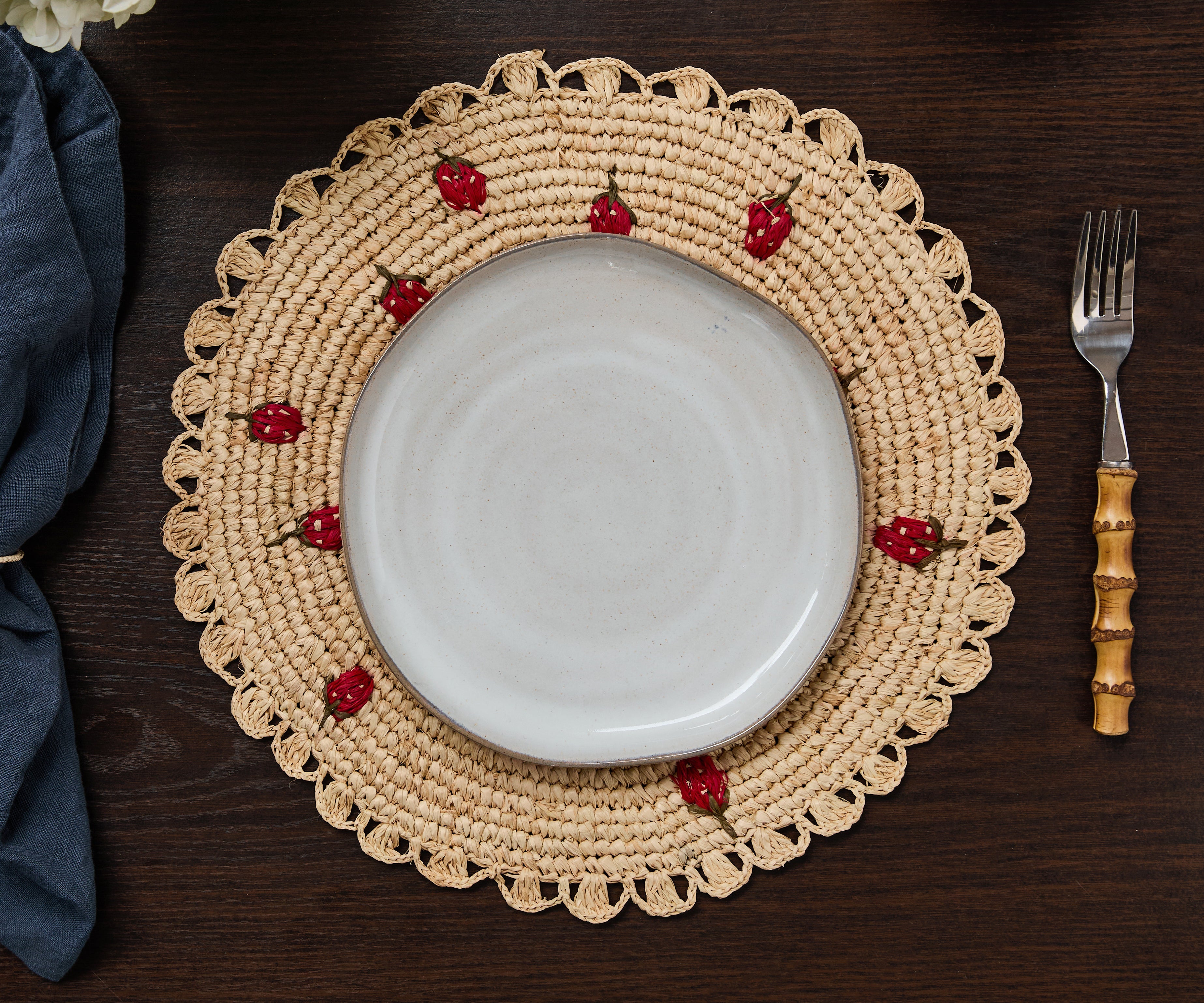 Scattered Strawberry Hand-Crocheted Raffia Palm Round Placemat