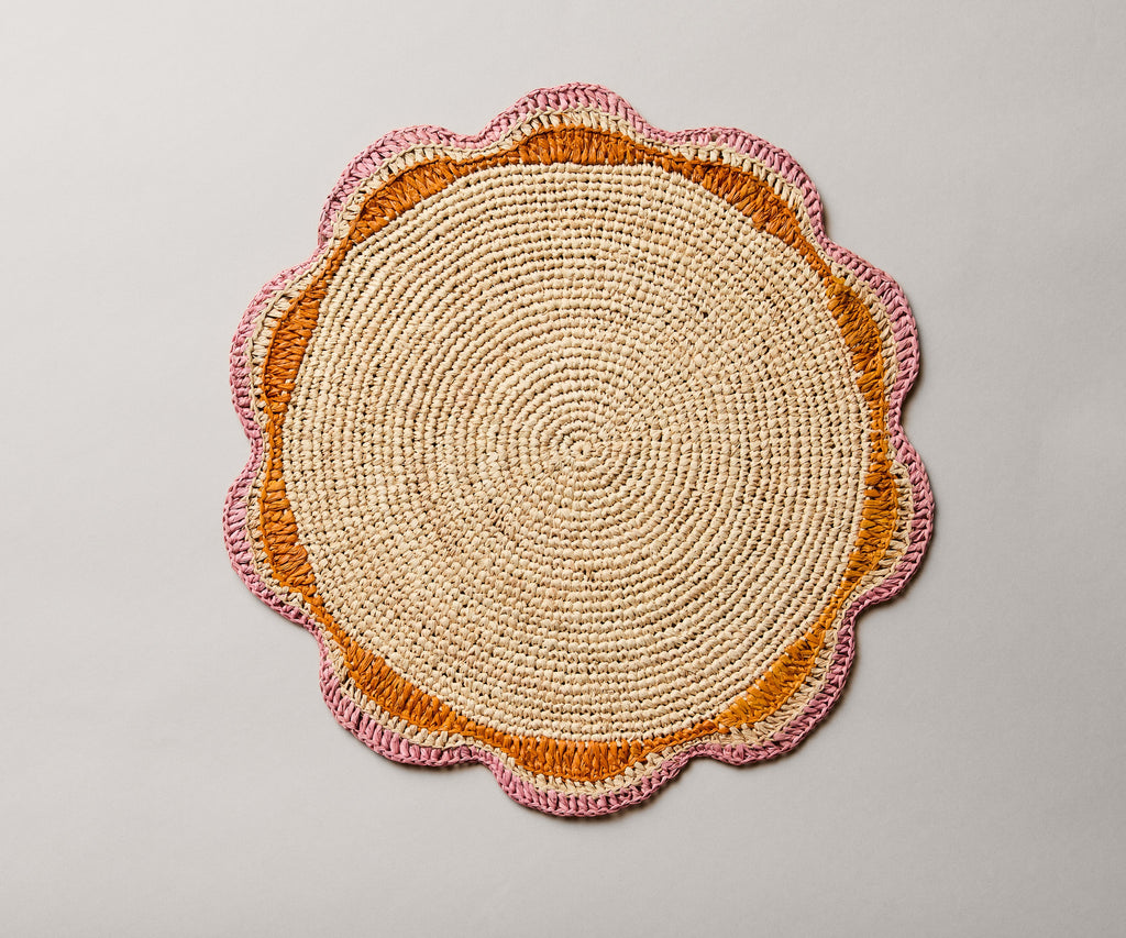 Round Pink Raffia Placemat – 14” Handwoven Crochet – Garden Party & Summer Table Decor
