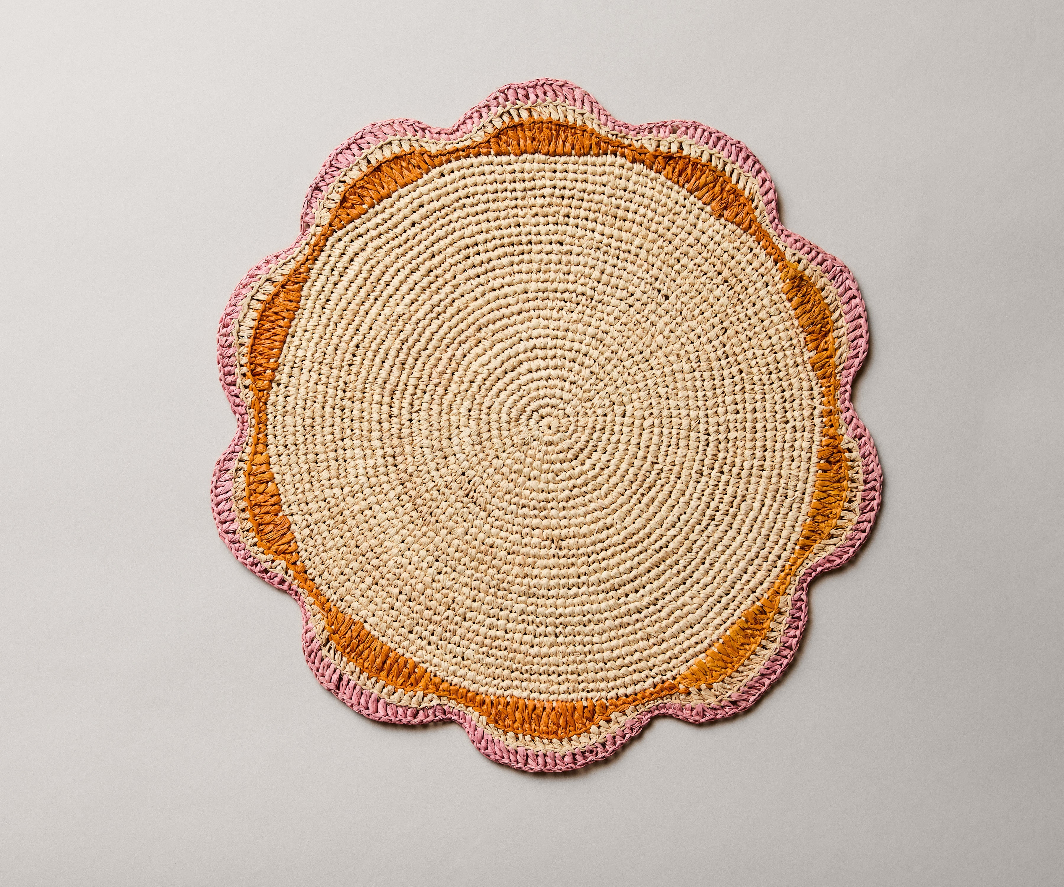 Round Pink Raffia Placemat – 14” Handwoven Crochet – Garden Party & Summer Table Decor