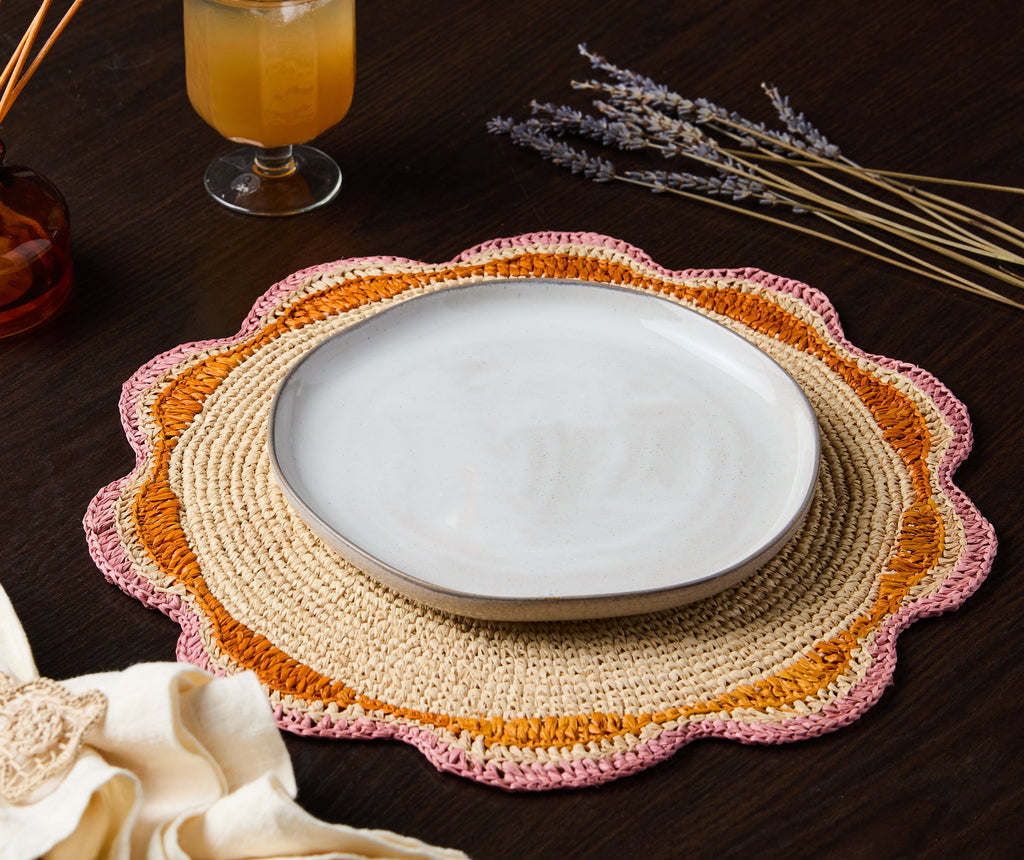 Round Pink Raffia Placemat – 14” Handwoven Crochet – Garden Party & Summer Table Decor