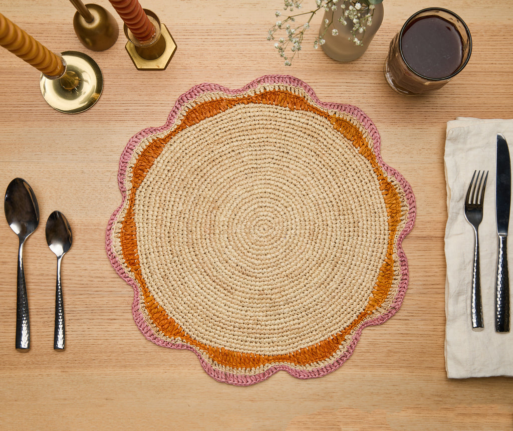 Round Pink Raffia Placemat – 14” Handwoven Crochet – Garden Party & Summer Table Decor