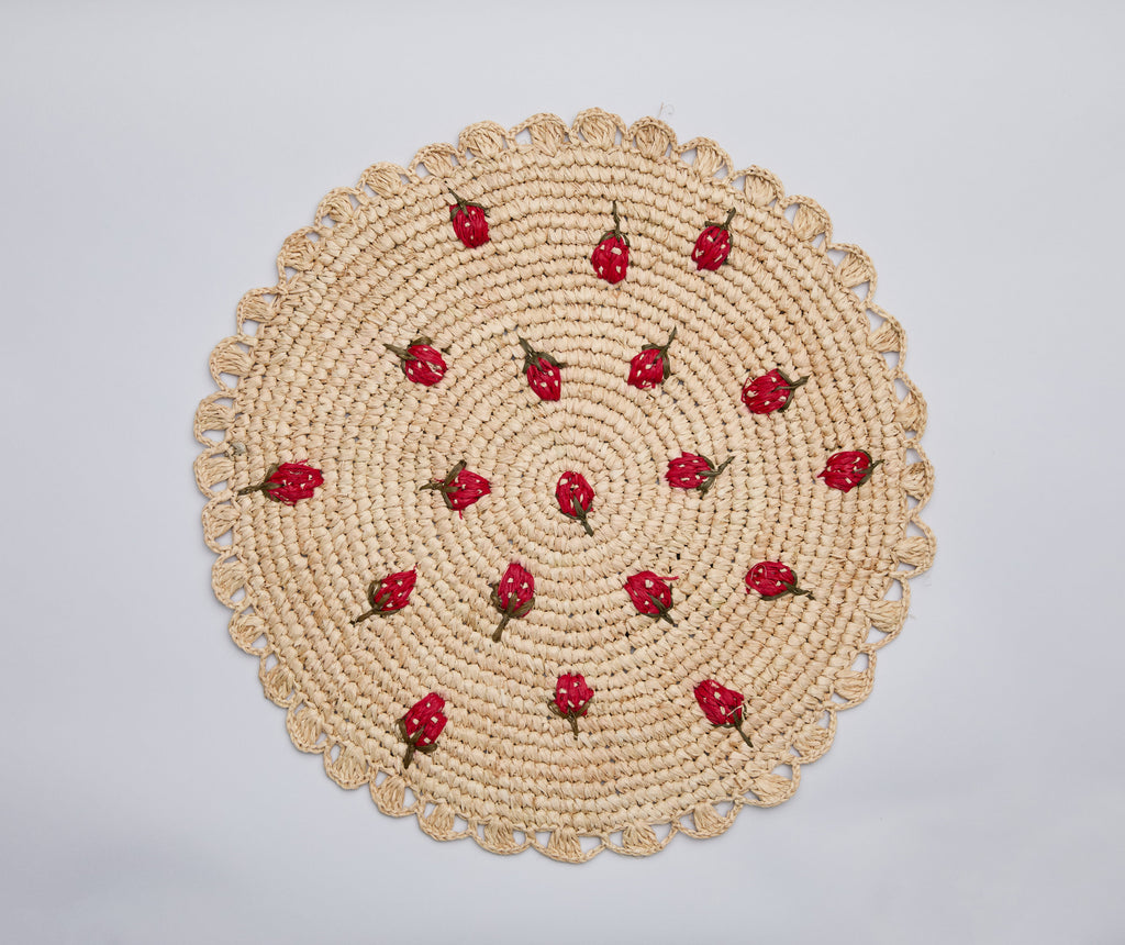 Scattered Strawberry Hand-Crocheted Raffia Palm Round Placemat