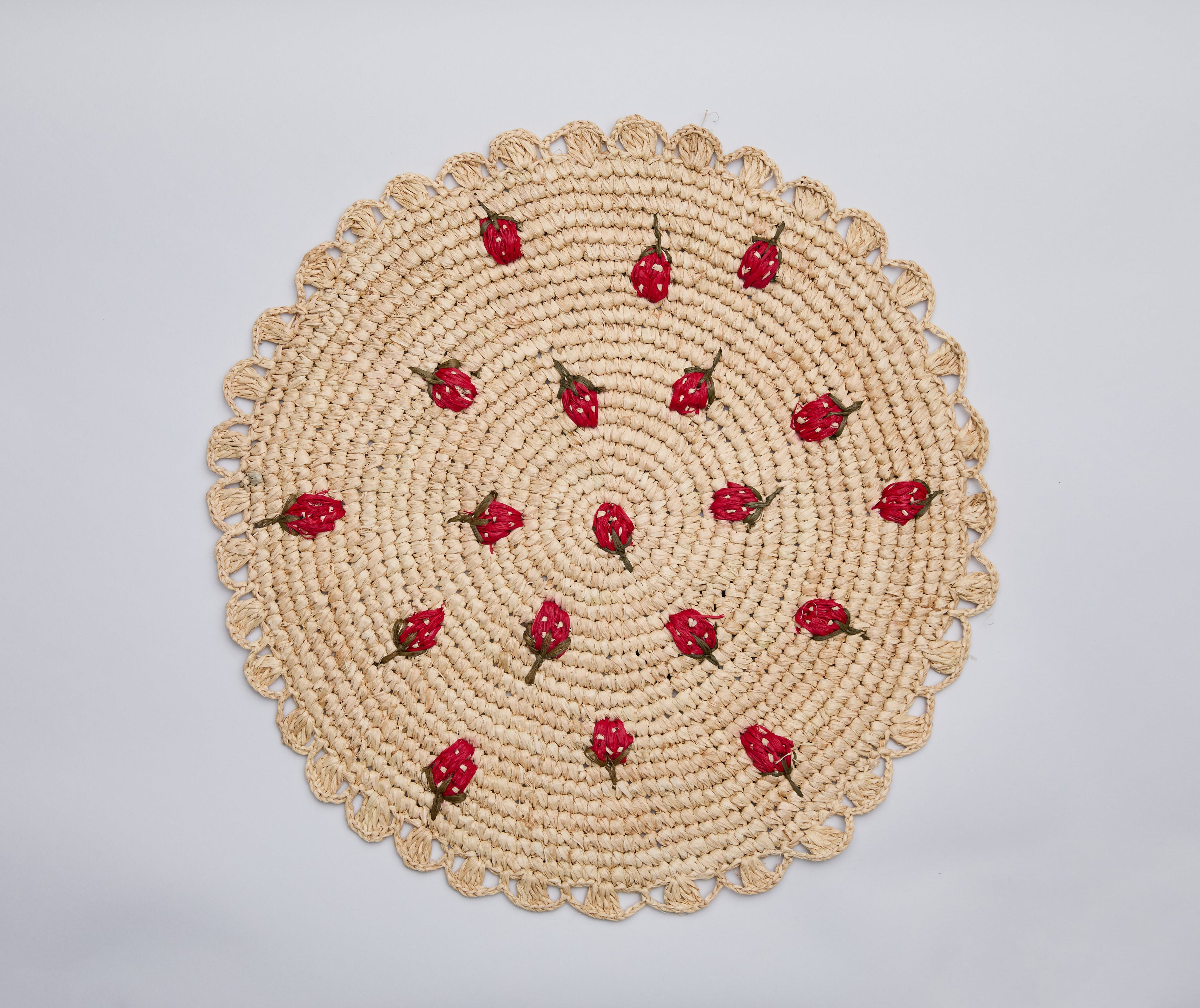 Scattered Strawberry Hand-Crocheted Raffia Palm Round Placemat