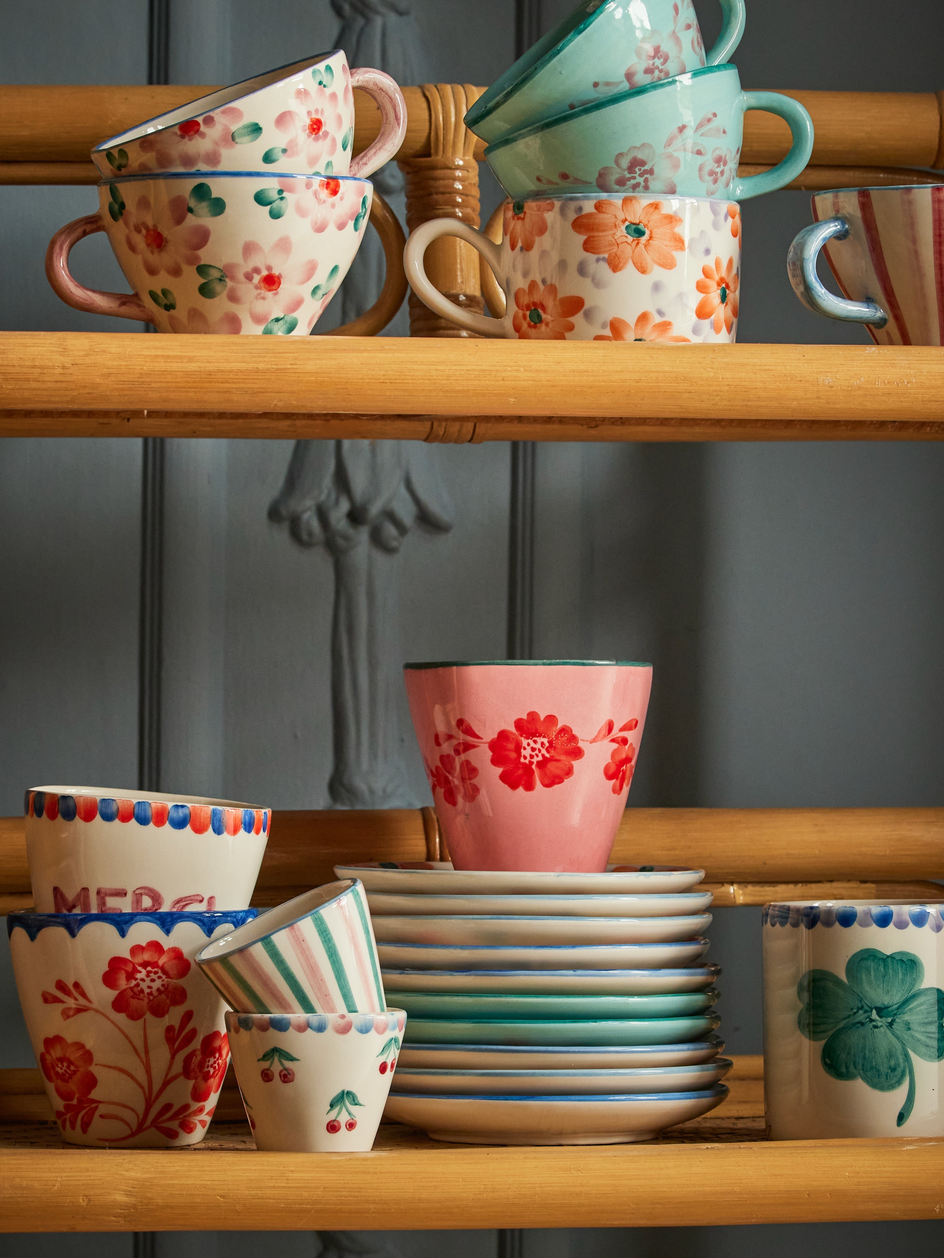 Ceramic Oval Cup with Hand Painted Orange Flower Vine - 10.1 oz