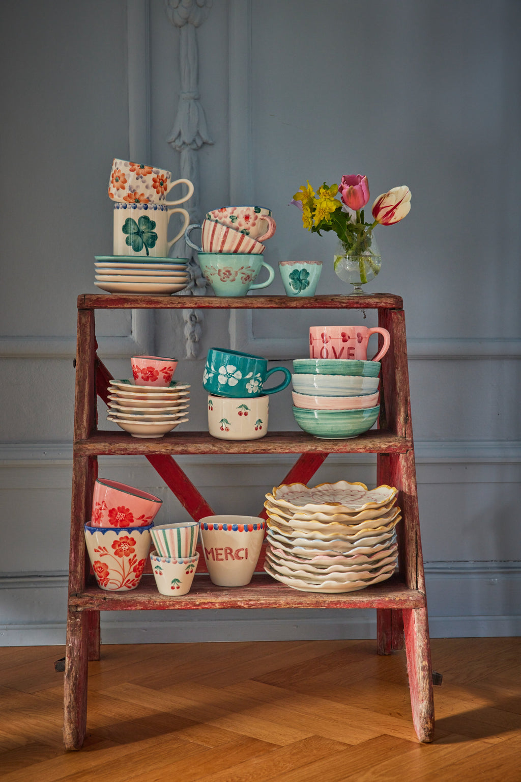 Ceramic Tea Cup with Hand Painted Stripes - 5.0 oz