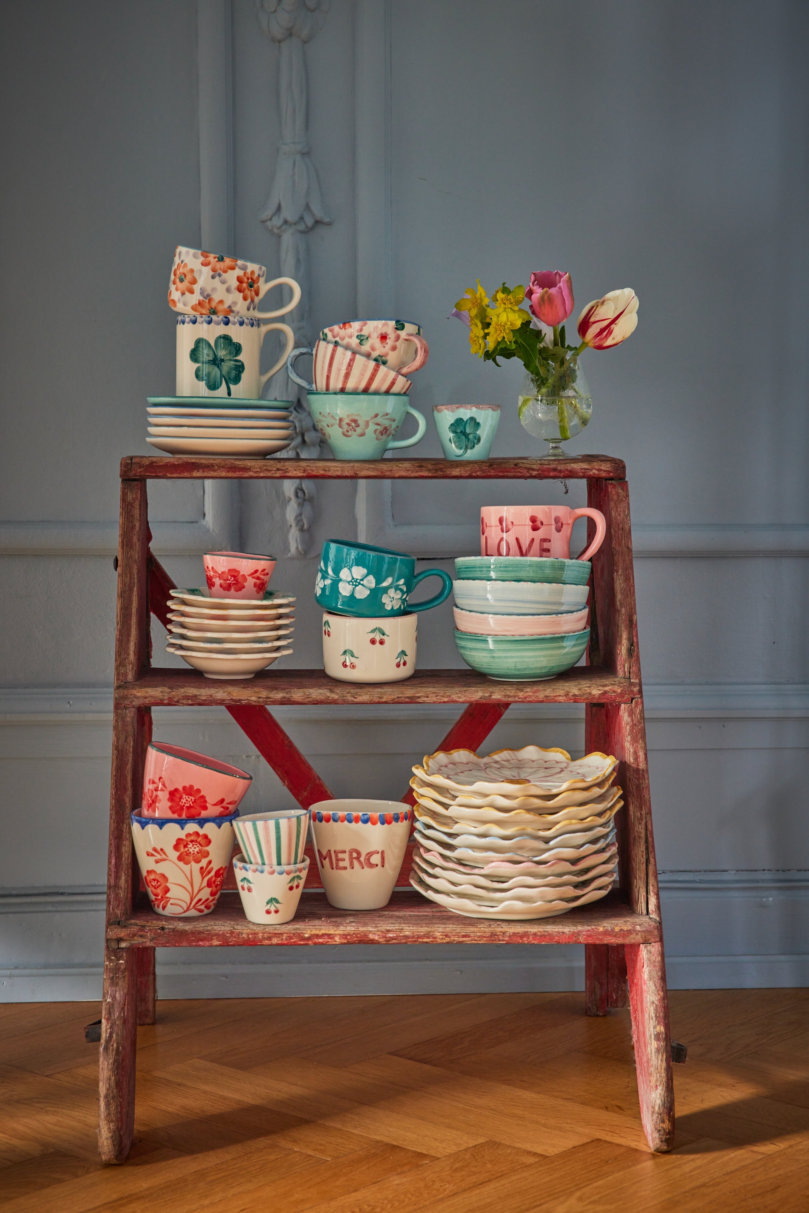 Ceramic Tea Cup with Hand Painted Stripes - 5.0 oz