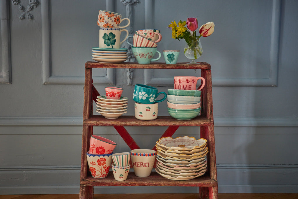 Ceramic Oval Espresso Cup with Hand Painted Good Luck Clover - 2.4 oz