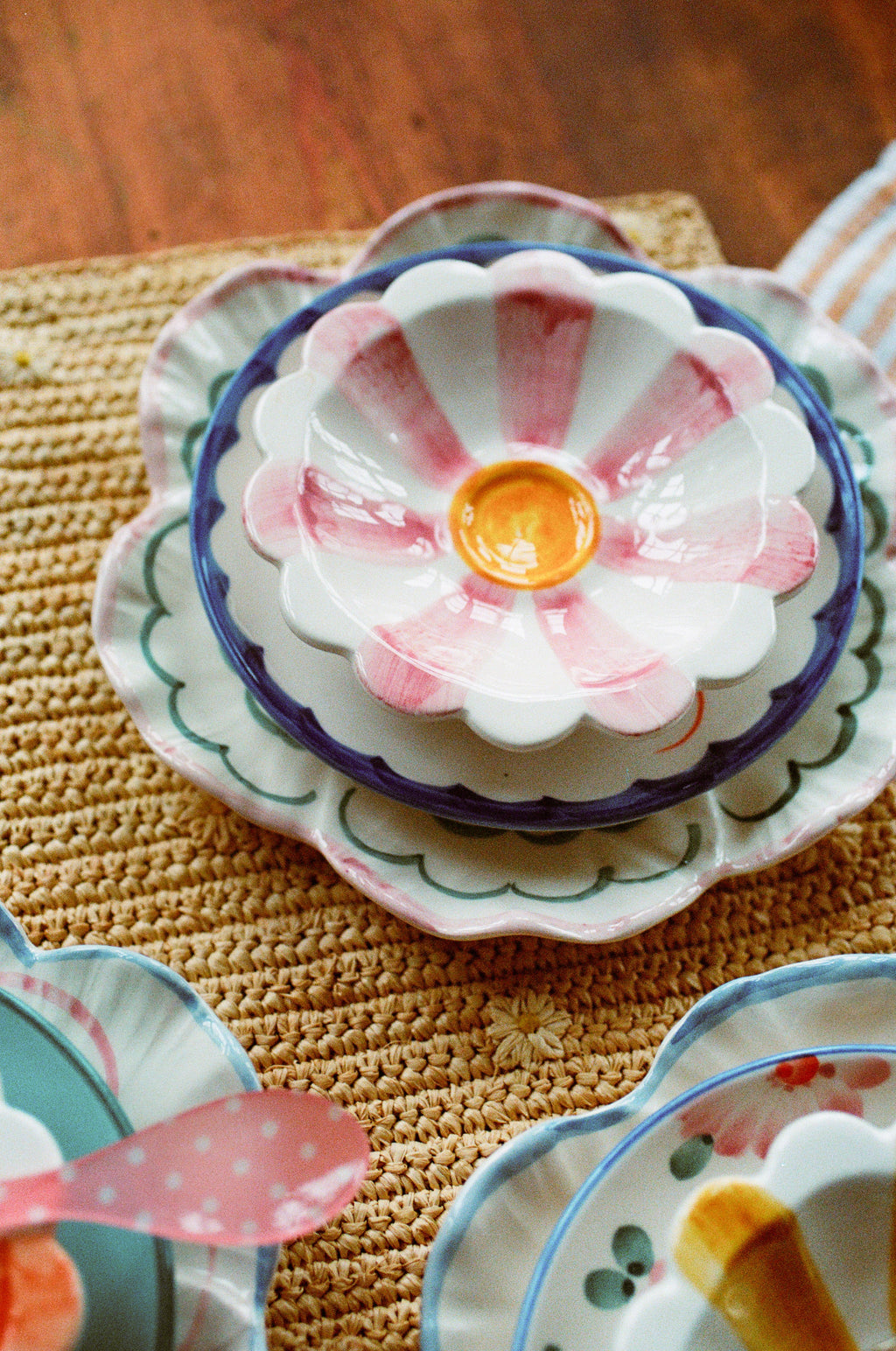 Ceramic Flower Dipping Bowl with Pink Hand Painted Stripes