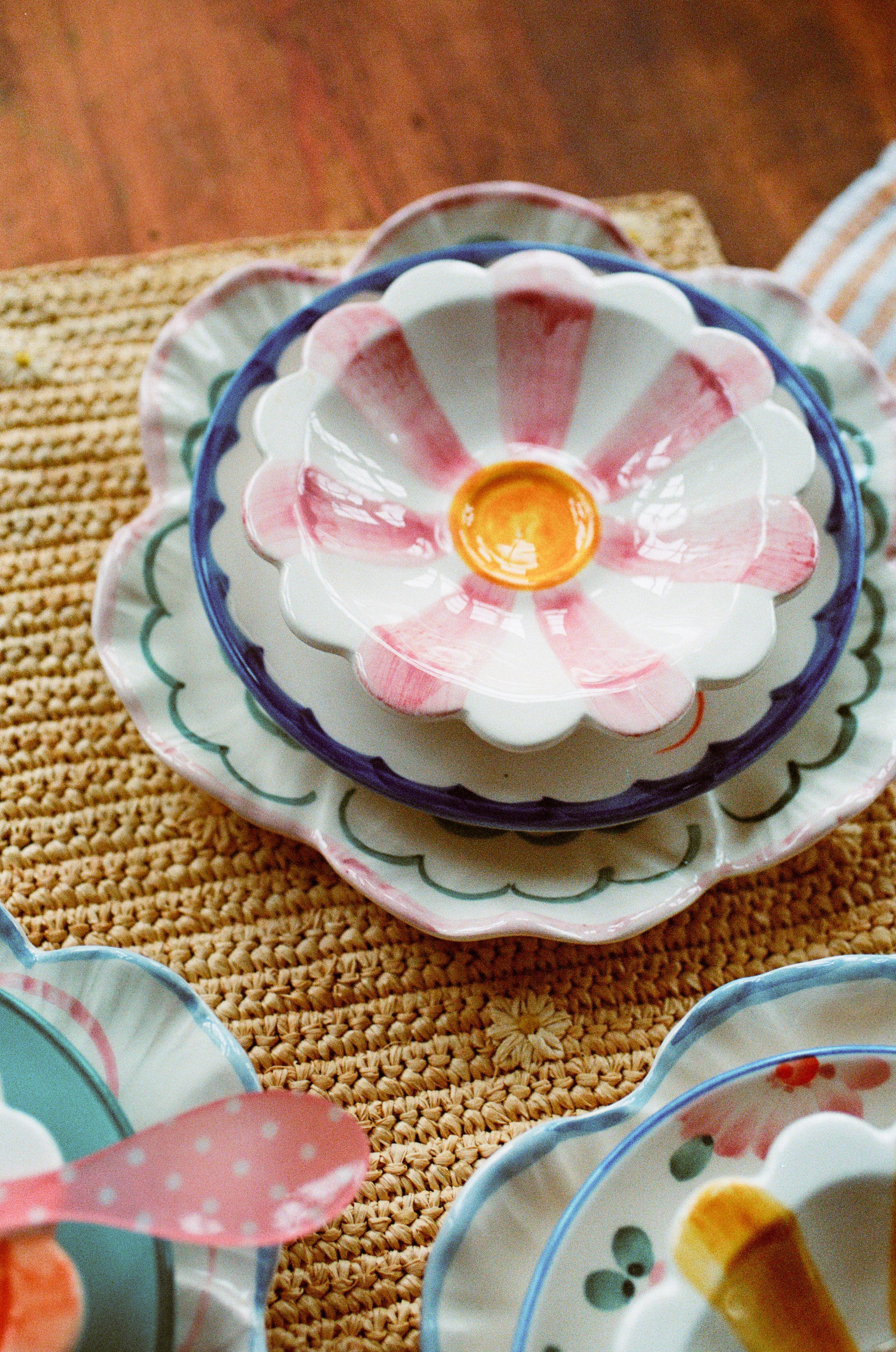 Ceramic Flower Dipping Bowl with Pink Hand Painted Stripes