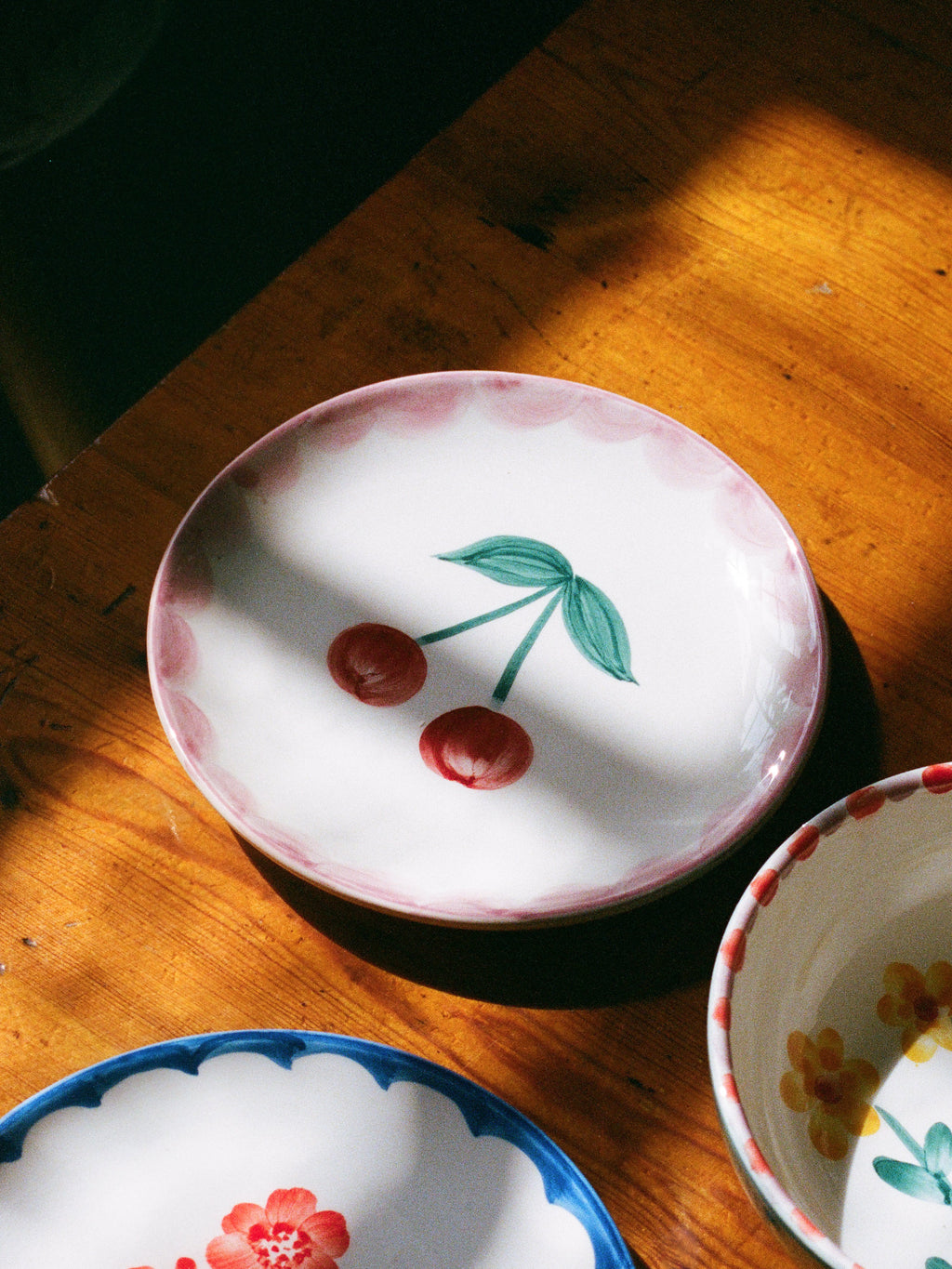 Ceramic Cake Plate with Hand Painted Cherries