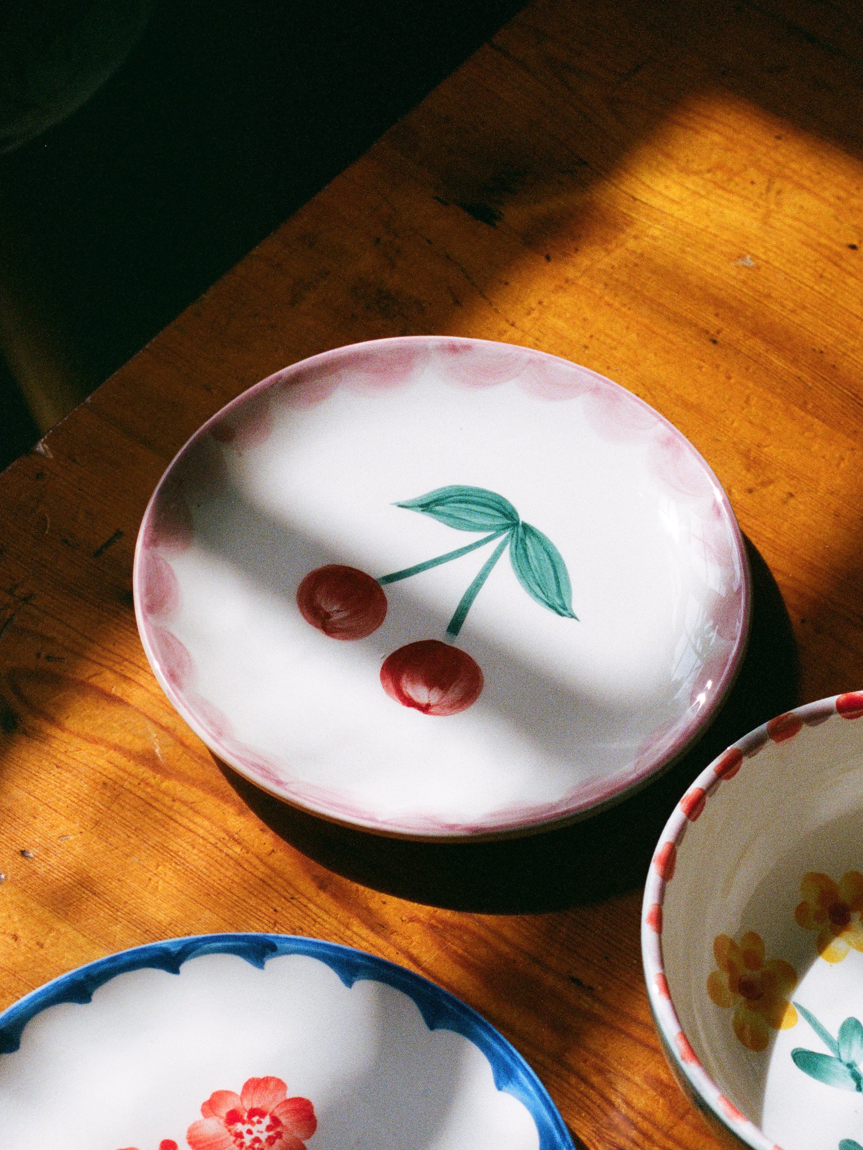 Ceramic Cake Plate with Hand Painted Cherries