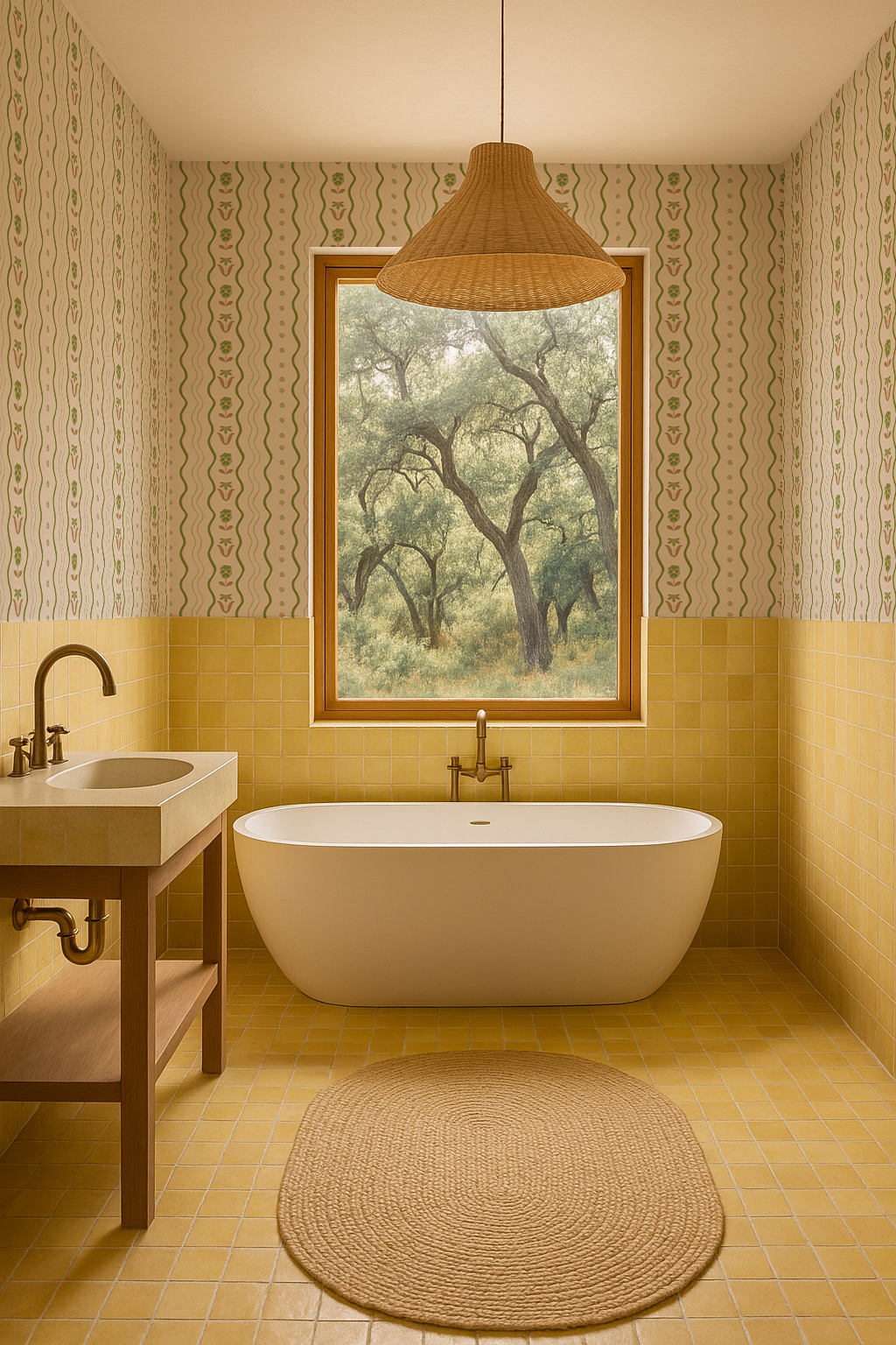 Posy Lane Stripe Wallpaper, beige and green