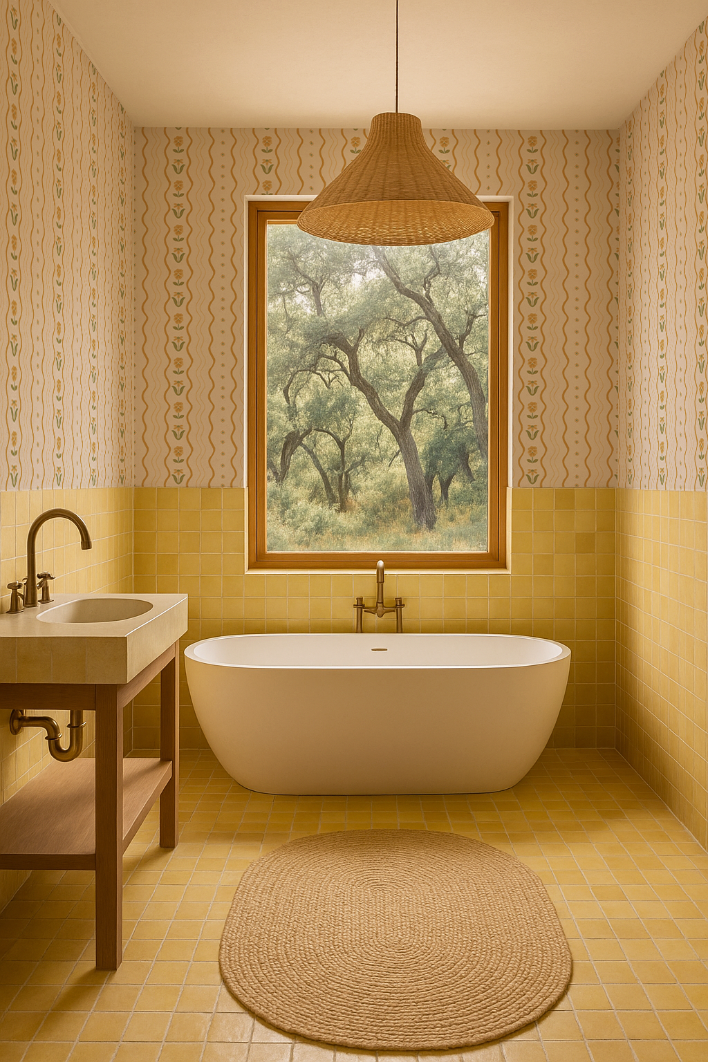 Posy Lane Stripe Wallpaper, beige and yellow