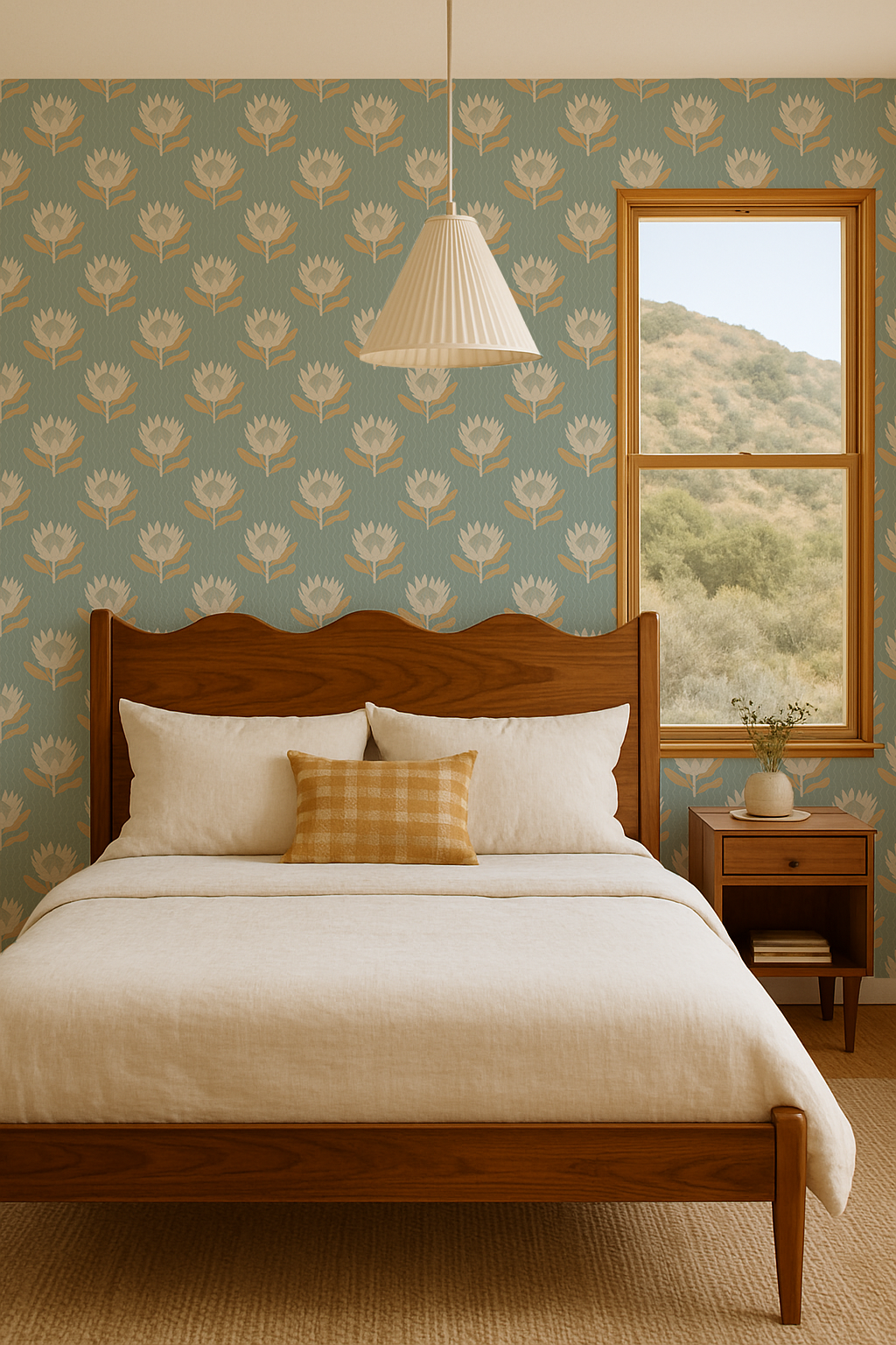 King Protea Wallpaper, light blue and apricot