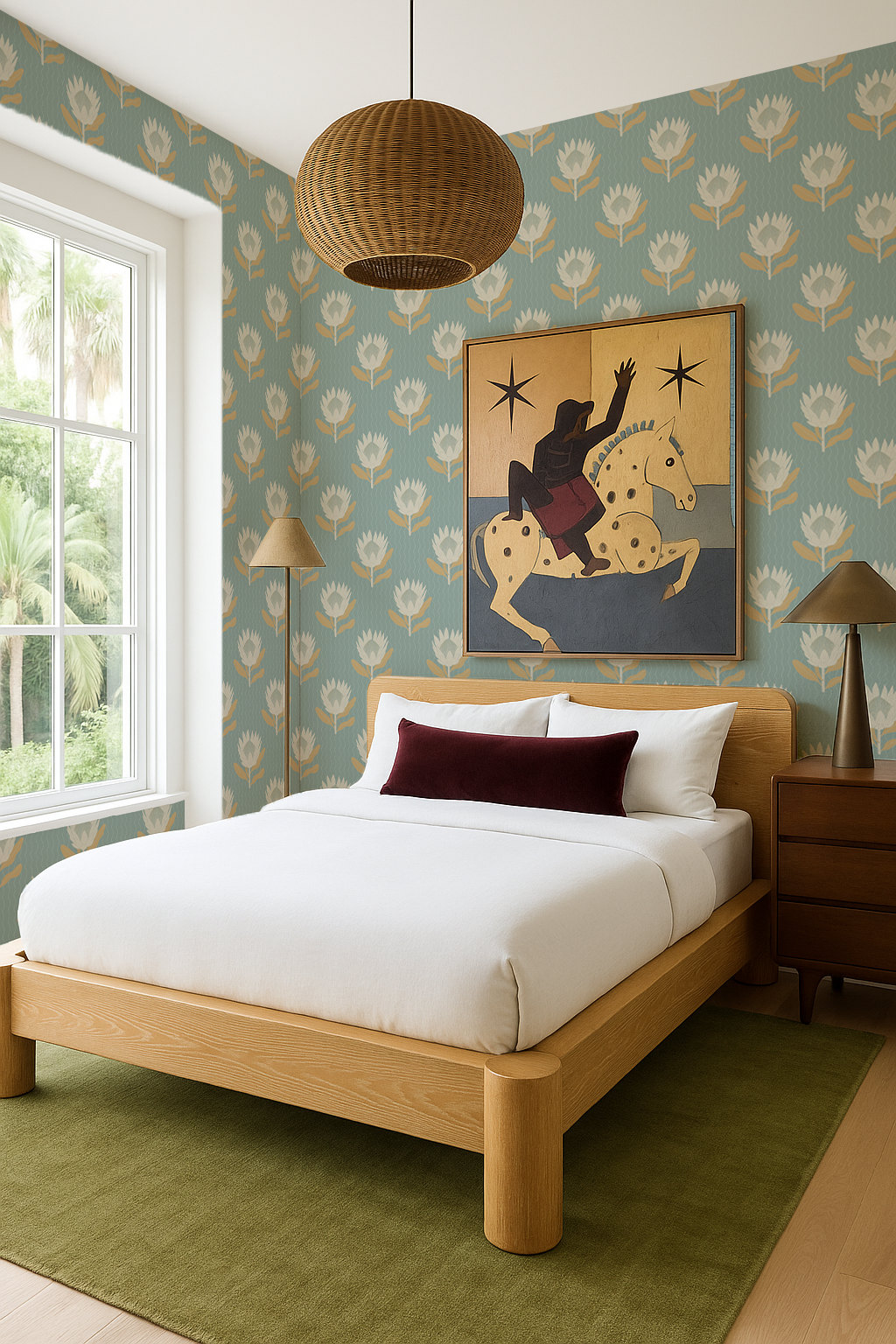 King Protea Wallpaper, light blue and apricot