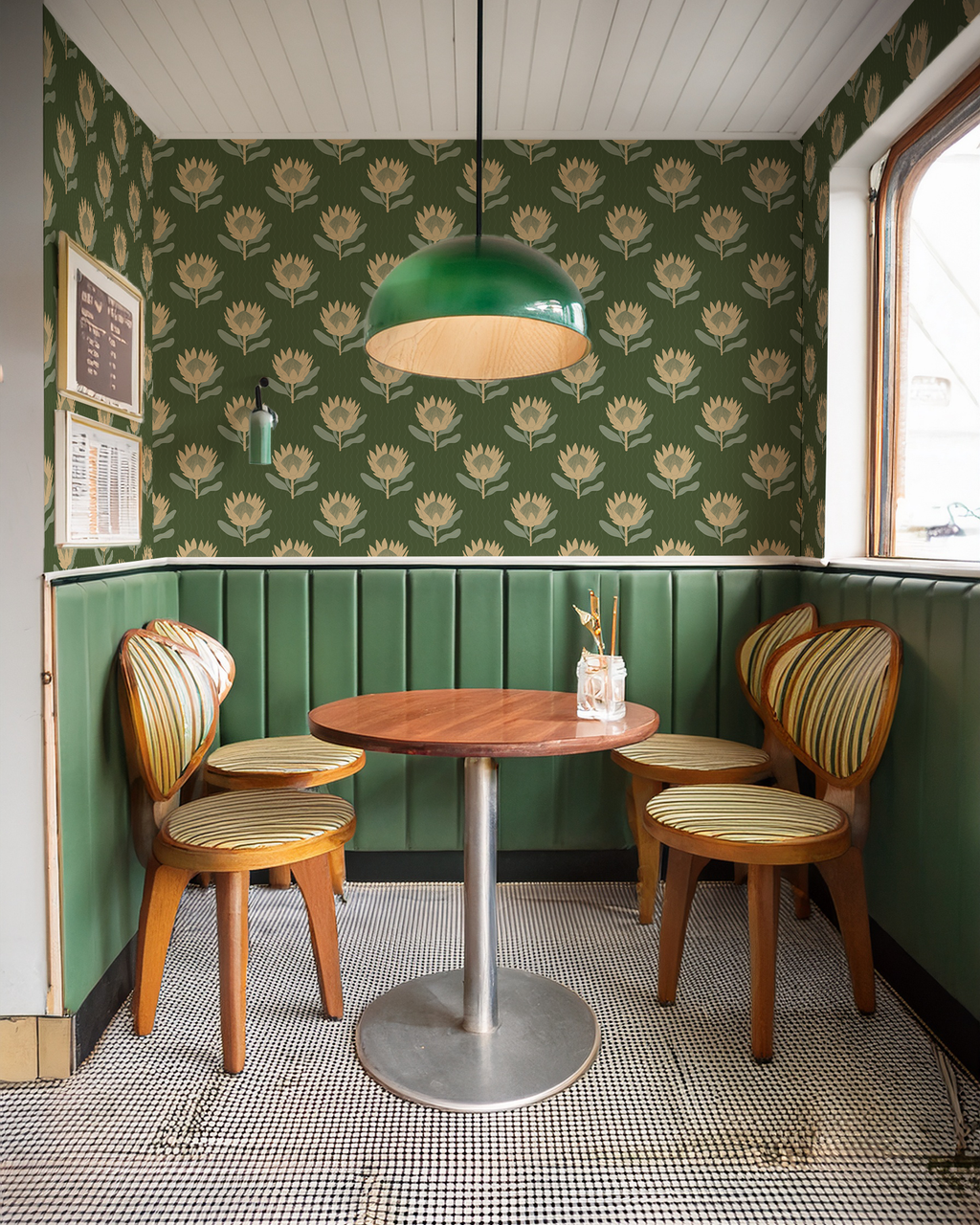 King Protea Wallpaper, forest green and butter yellow