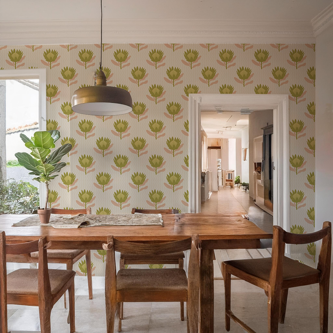 King Protea Wallpaper, tan and olive