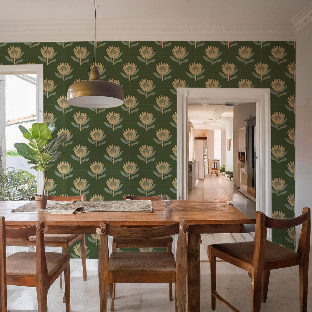 King Protea Wallpaper, forest green and butter yellow