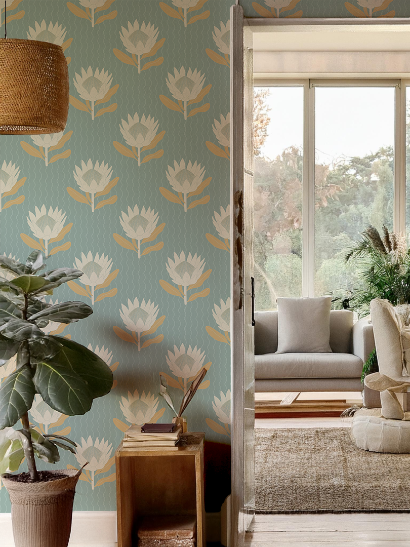 King Protea Wallpaper, light blue and apricot