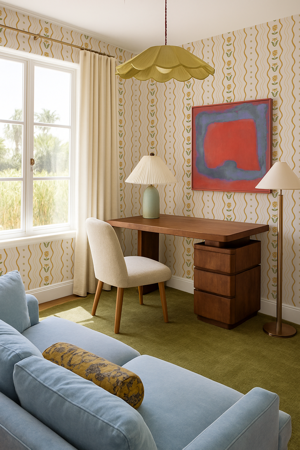 Posy Lane Stripe Wallpaper, beige and yellow