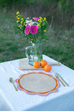 Round Pink Raffia Placemat – 14” Handwoven Crochet – Garden Party & Summer Table Decor