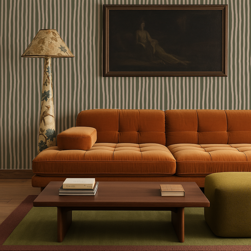 Dolce Stripe Wallpaper, olive green and tan