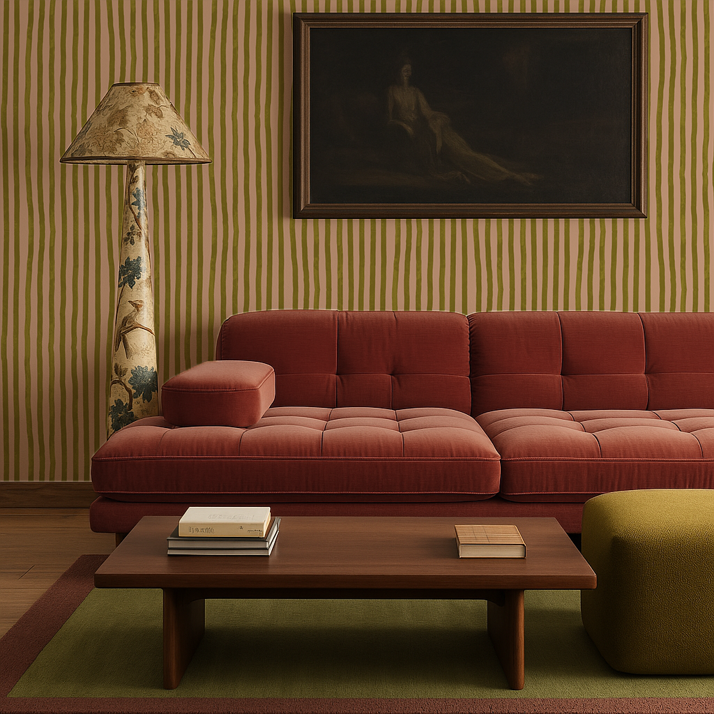 Dolce Stripe Wallpaper, peach and chartreuse