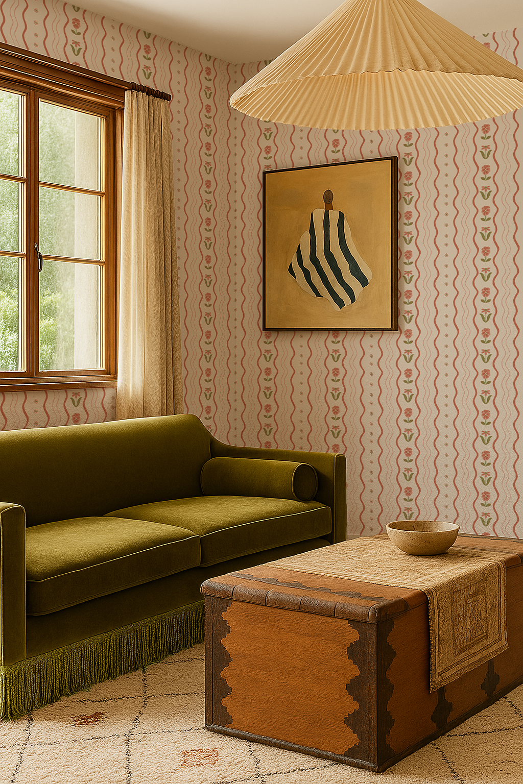 Posy Lane Stripe Wallpaper, beige and terra cotta
