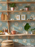 King Protea Wallpaper, light blue and apricot