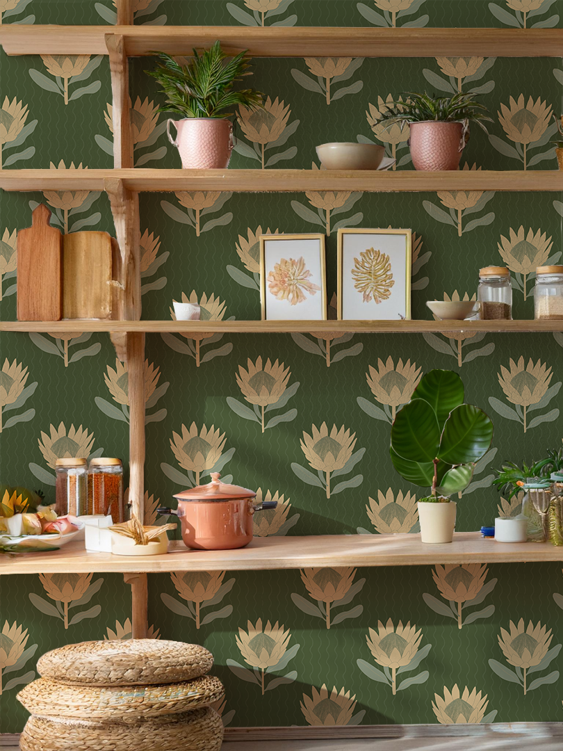 King Protea Wallpaper, forest green and butter yellow